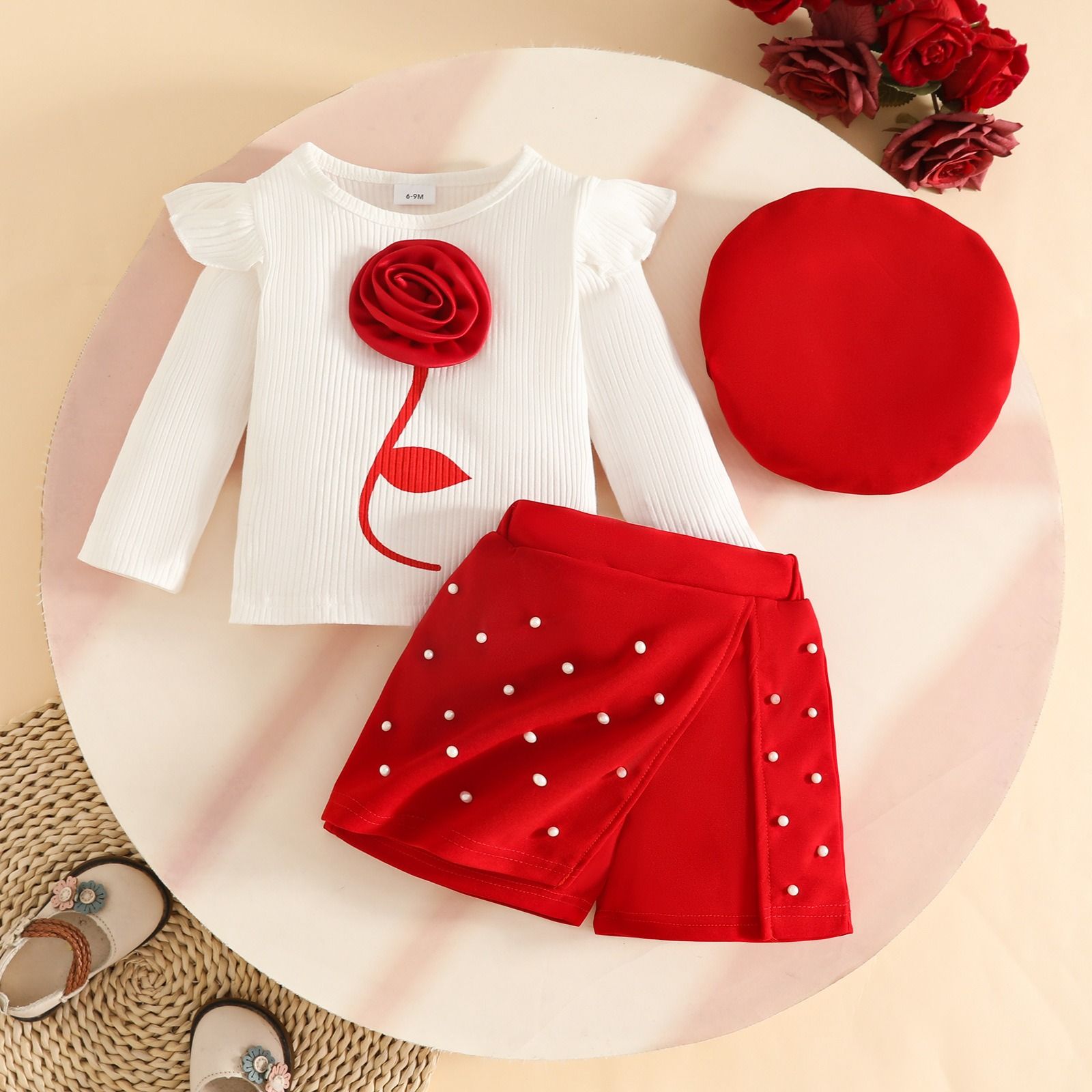 3-Piece Baby Toddler Outfit Set  Long Sleeve Striped Top Skort Beret Hat Set Floral Pearl Embellished Girls Clothing Set Fashion Kids Clothing Sets Baby Girls Clothing
