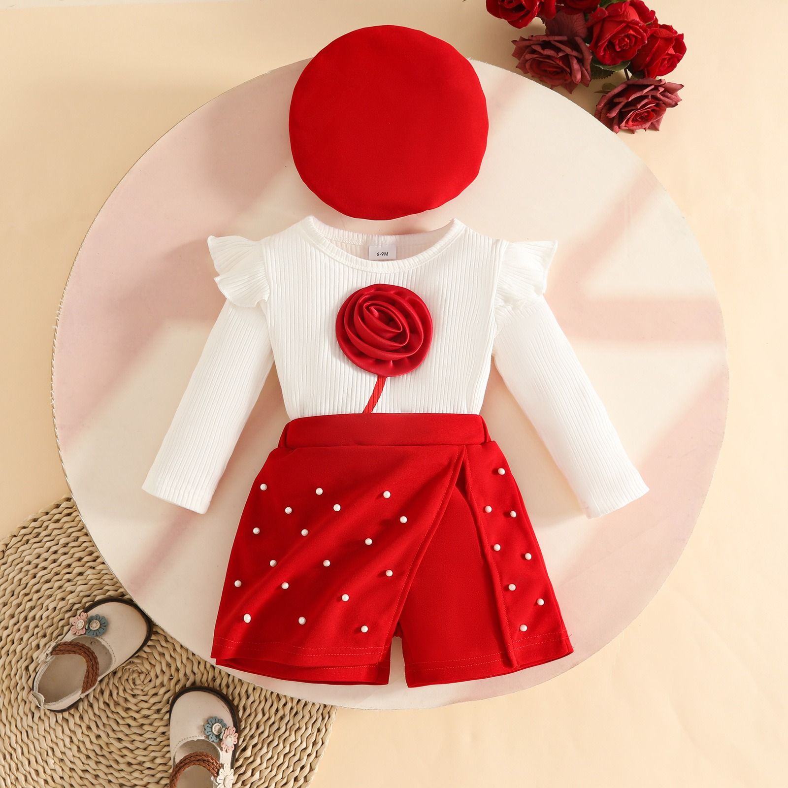 3-Piece Baby Toddler Outfit Set  Long Sleeve Striped Top Skort Beret Hat Set Floral Pearl Embellished Girls Clothing Set Fashion Kids Clothing Sets Baby Girls Clothing