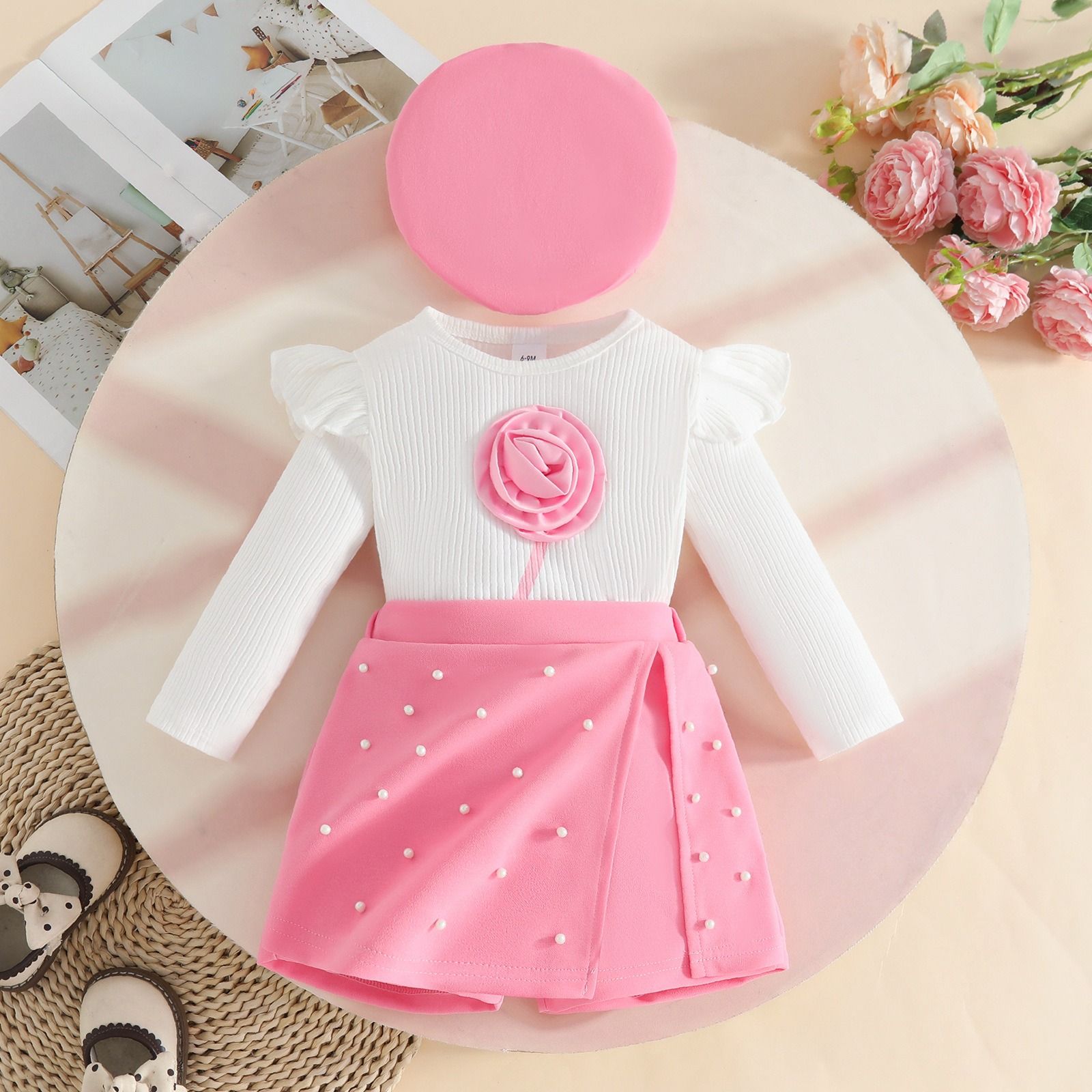 3-Piece Baby Toddler Outfit Set  Long Sleeve Striped Top Skort Beret Hat Set Floral Pearl Embellished Girls Clothing Set Fashion Kids Clothing Sets Baby Girls Clothing