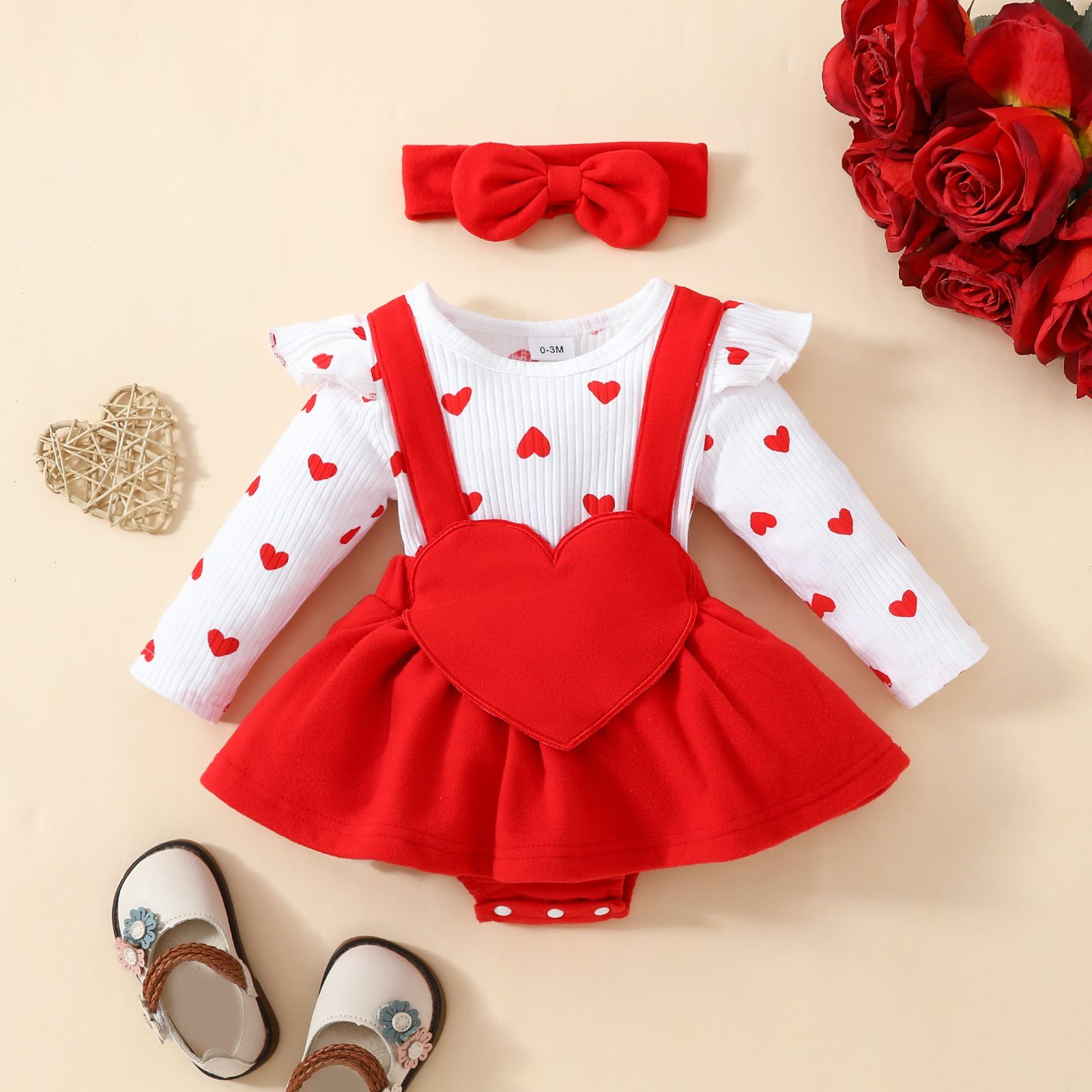 Girls Kids Clothing 2 Piece Set Ins New Style Baby Long Sleeved Romper Love Heart Print Big Heart Comfortable Breathable Cute Design Outfit