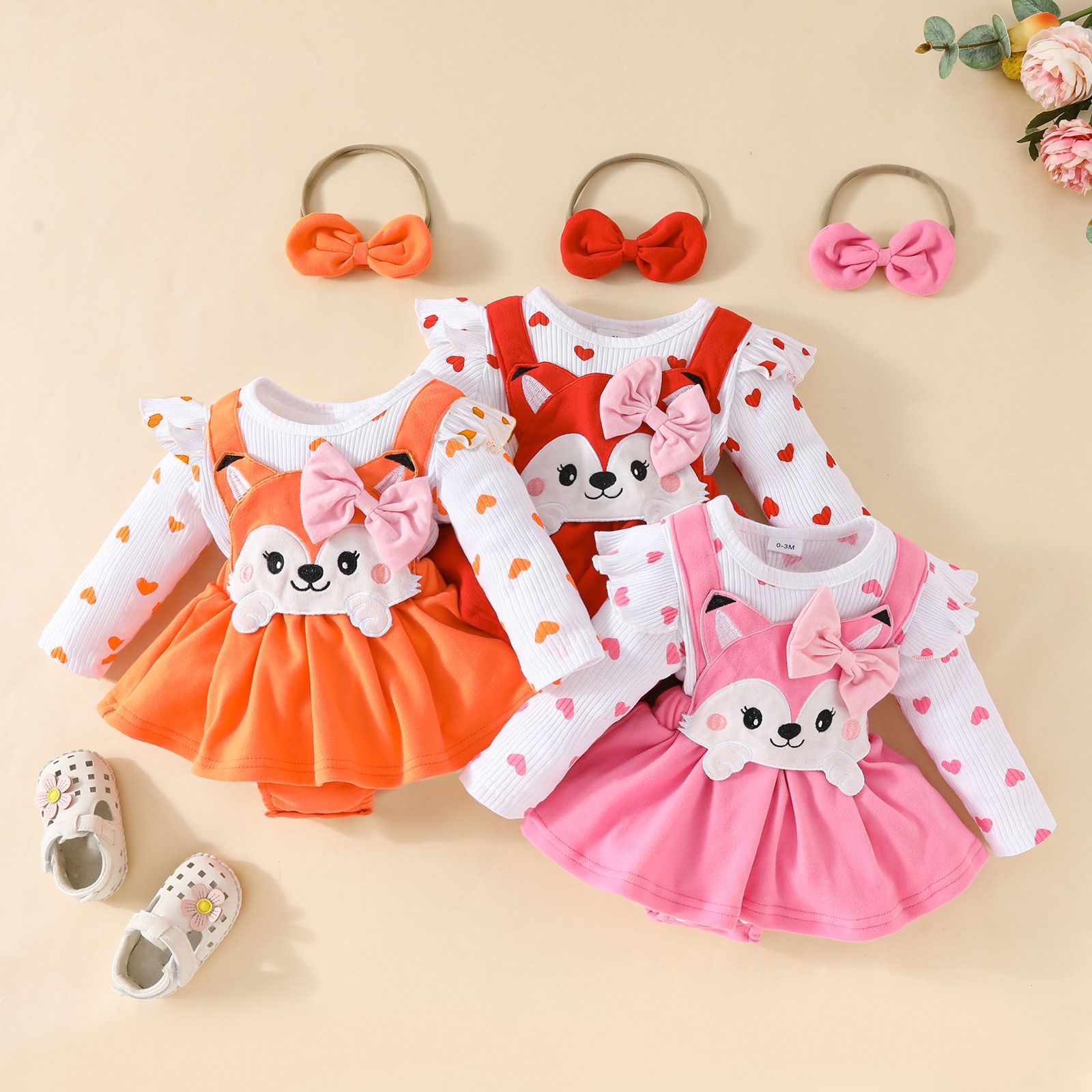 Girls Kids Clothing 3 Piece Set Autumn Winter New Style 0-18 Months Baby Toddler Long Sleeved Romper Pinafore Dress Cute Fox Print Comfortable Breathable Outfit