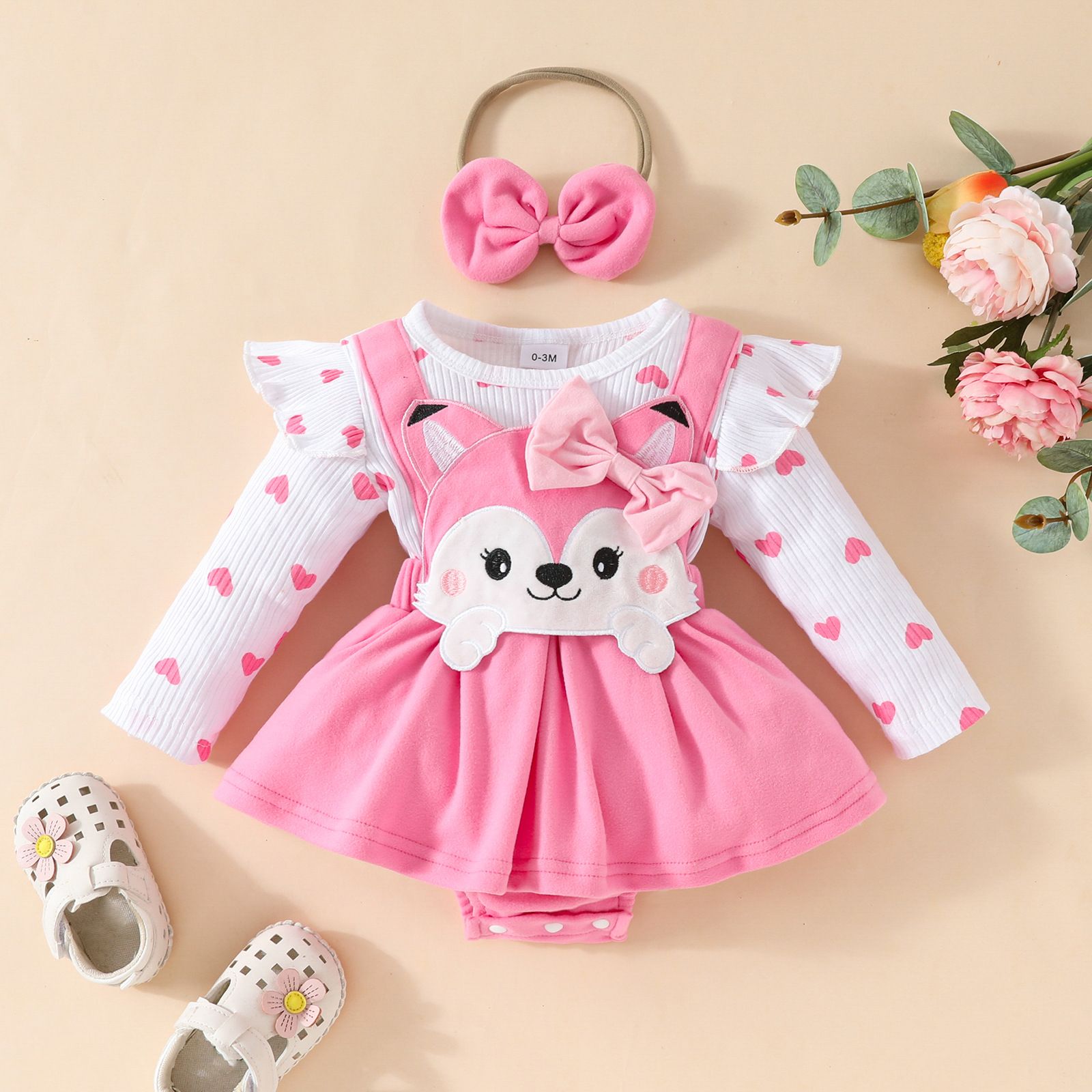 Girls Kids Clothing 3 Piece Set Autumn Winter New Style 0-18 Months Baby Toddler Long Sleeved Romper Pinafore Dress Cute Fox Print Comfortable Breathable Outfit