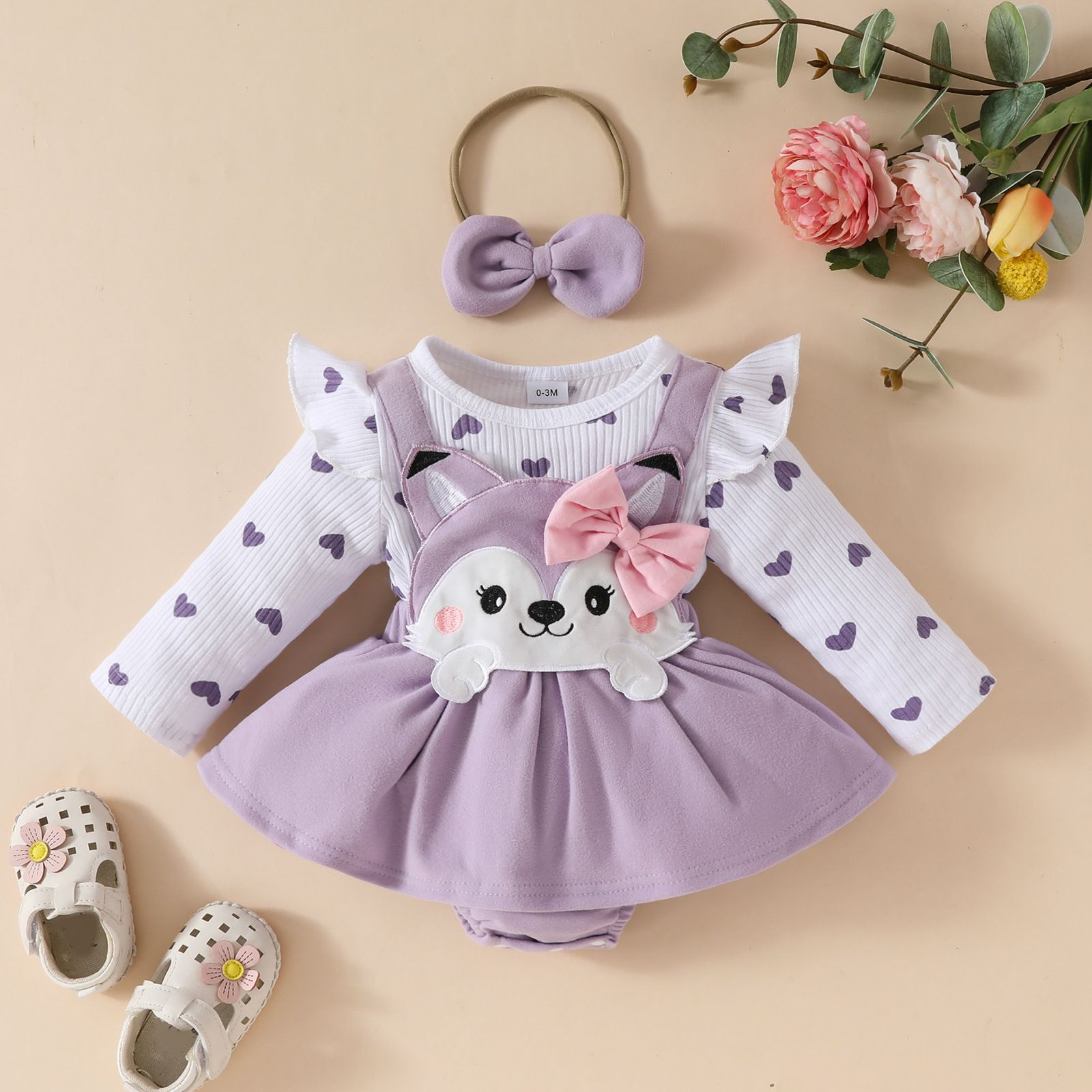 Girls Kids Clothing 3 Piece Set Autumn Winter New Style 0-18 Months Baby Toddler Long Sleeved Romper Pinafore Dress Cute Fox Print Comfortable Breathable Outfit