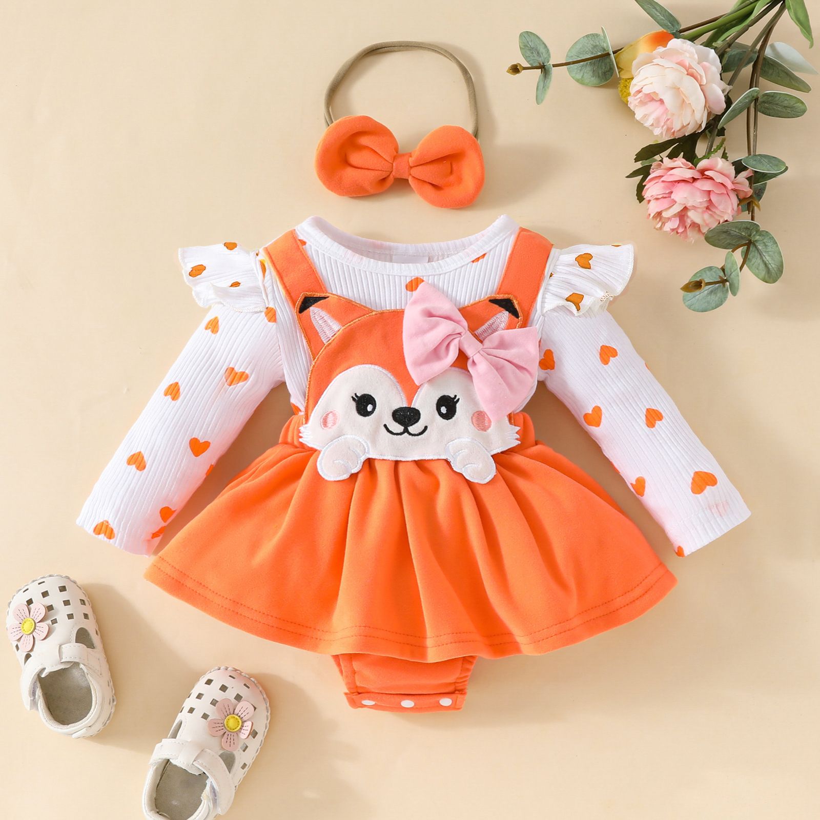 Girls Kids Clothing 3 Piece Set Autumn Winter New Style 0-18 Months Baby Toddler Long Sleeved Romper Pinafore Dress Cute Fox Print Comfortable Breathable Outfit