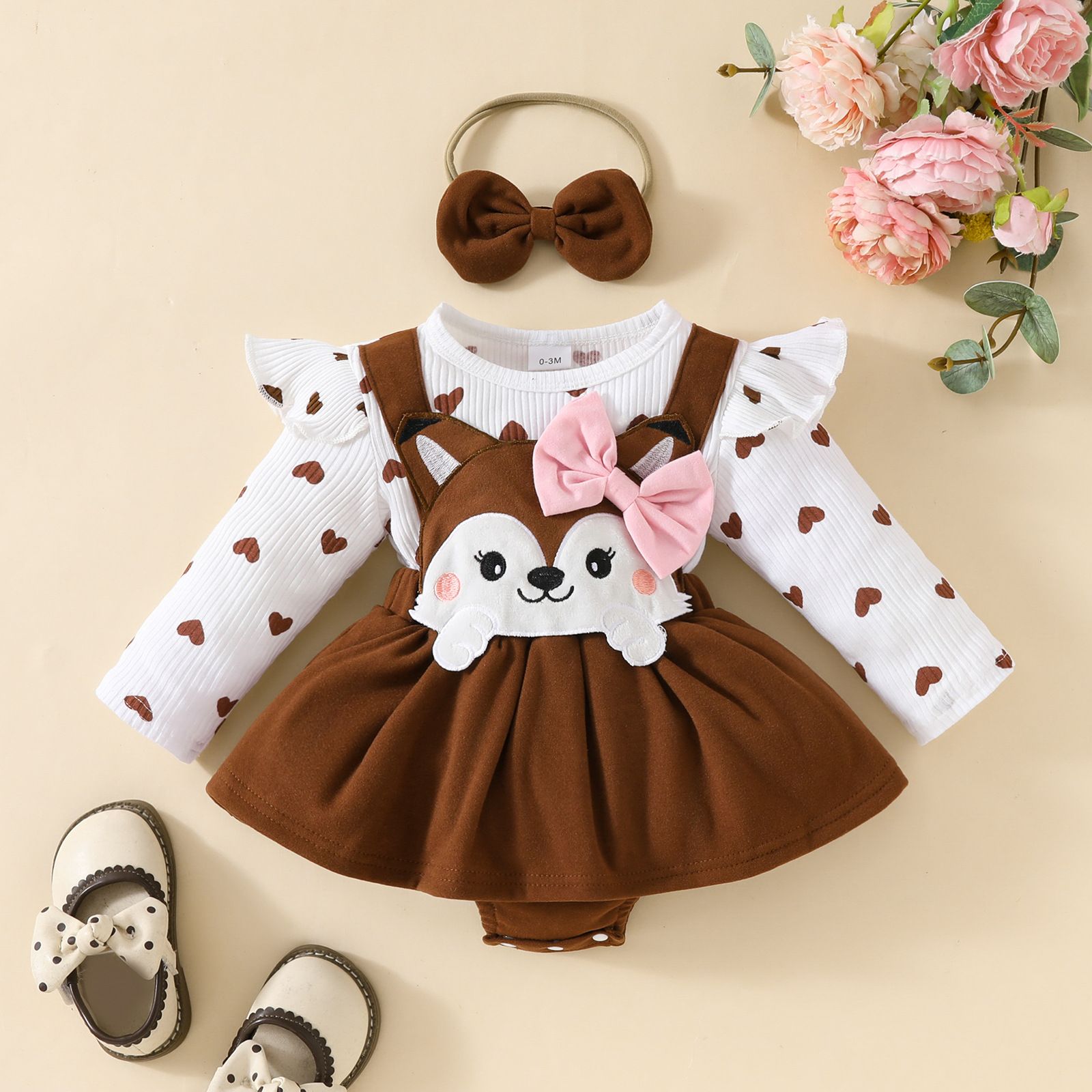 Girls Kids Clothing 3 Piece Set Autumn Winter New Style 0-18 Months Baby Toddler Long Sleeved Romper Pinafore Dress Cute Fox Print Comfortable Breathable Outfit