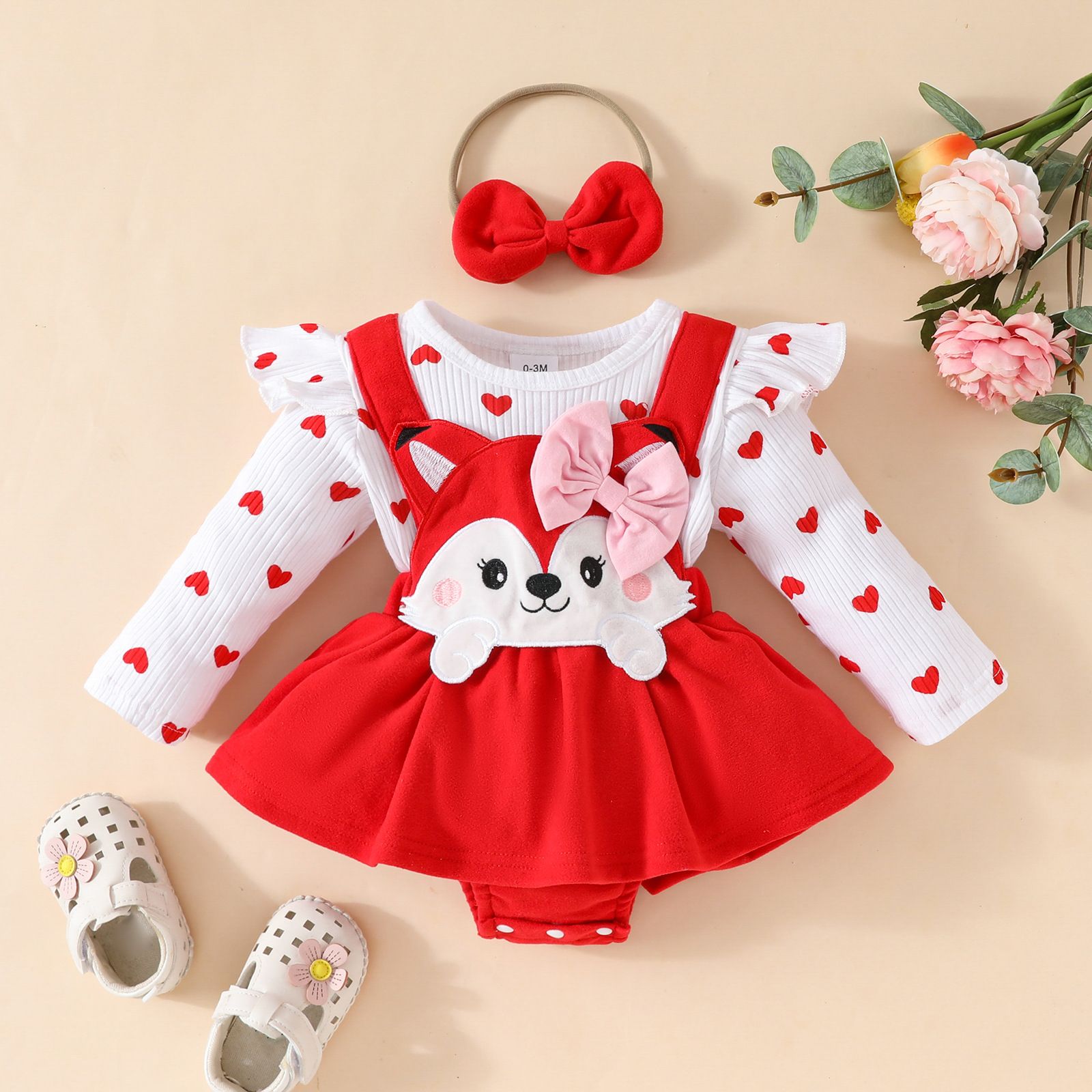 Girls Kids Clothing 3 Piece Set Autumn Winter New Style 0-18 Months Baby Toddler Long Sleeved Romper Pinafore Dress Cute Fox Print Comfortable Breathable Outfit