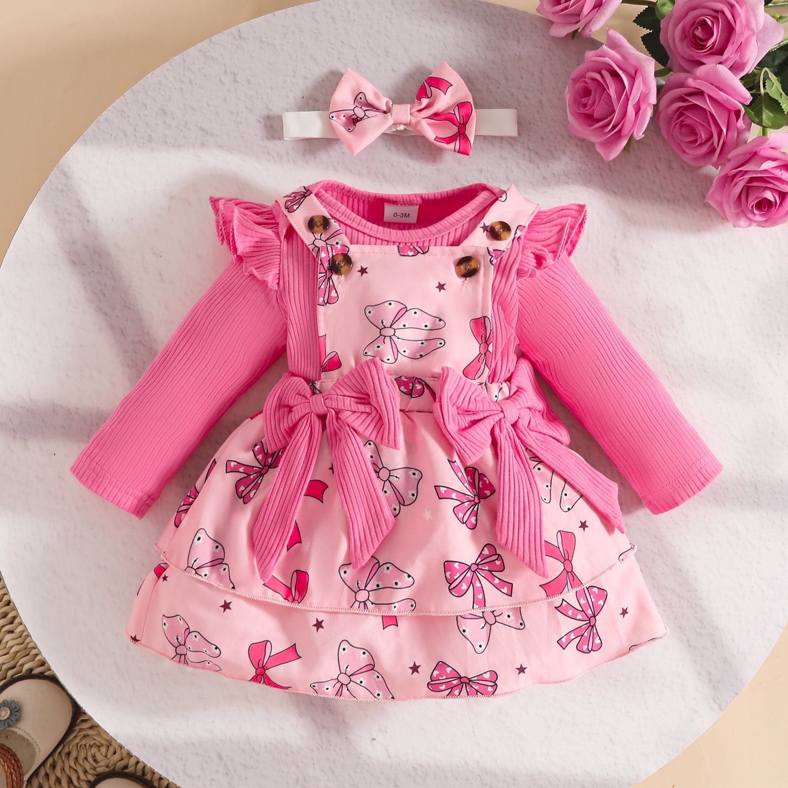 Girls Kids Clothing 3 Piece Set Autumn Winter New Style 0-18 Months Baby Long Sleeved Romper Pinafore Dress Bow Print Love Heart Flower Print Comfortable Breathable Outfit