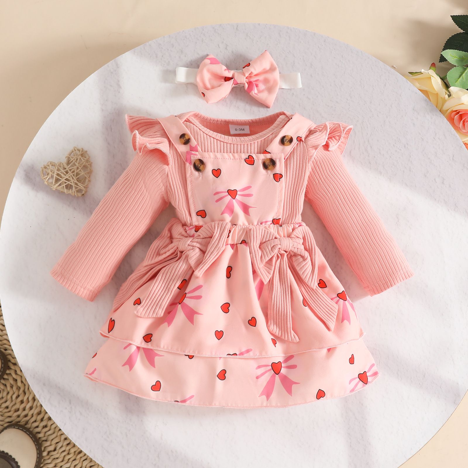Girls Kids Clothing 3 Piece Set Autumn Winter New Style 0-18 Months Baby Long Sleeved Romper Pinafore Dress Bow Print Love Heart Flower Print Comfortable Breathable Outfit