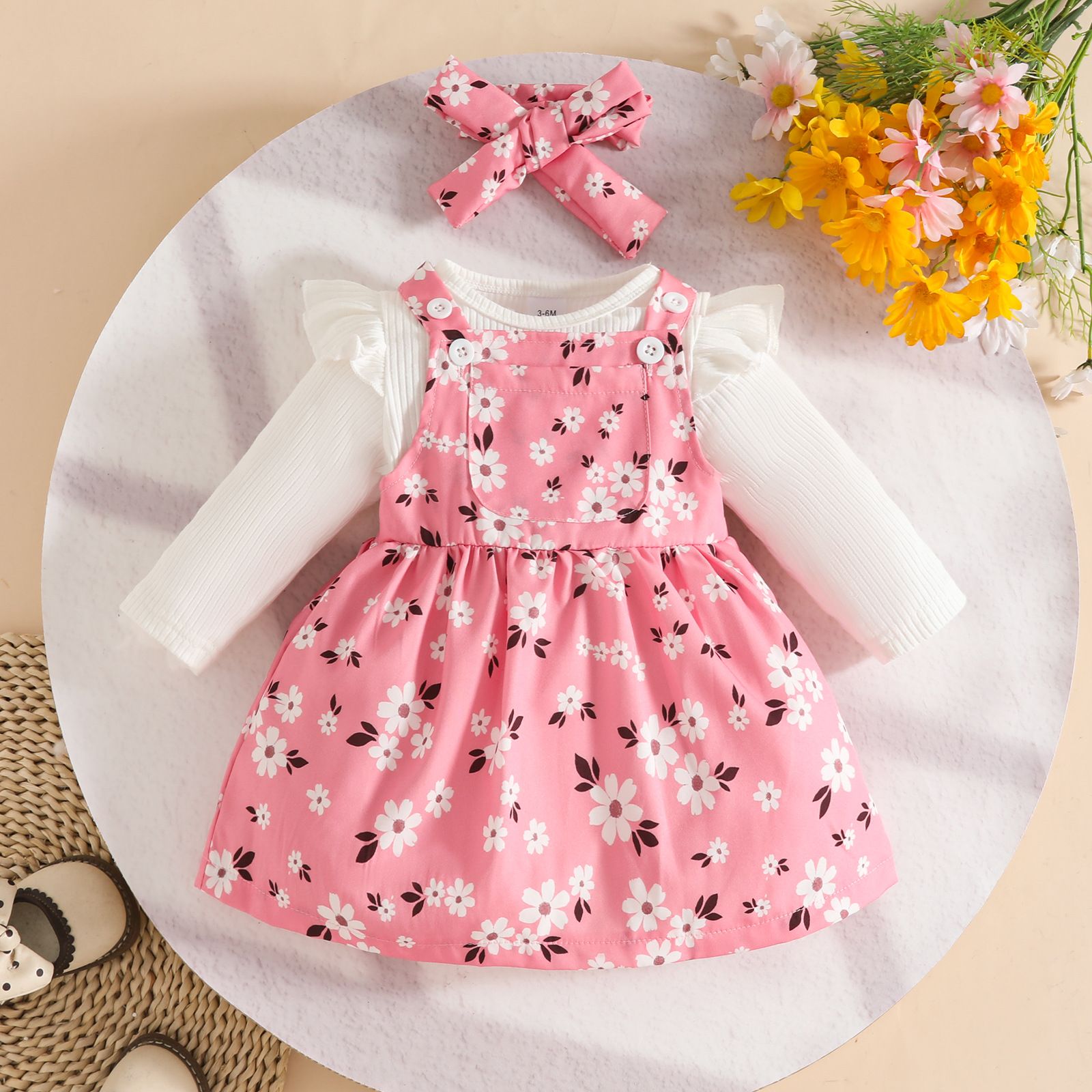 Girls Kids Clothing 3 Piece Set Autumn Winter New Style 0-18 Months Baby Long Sleeved Romper Pinafore Dress Bow Print Love Heart Flower Print Comfortable Breathable Outfit