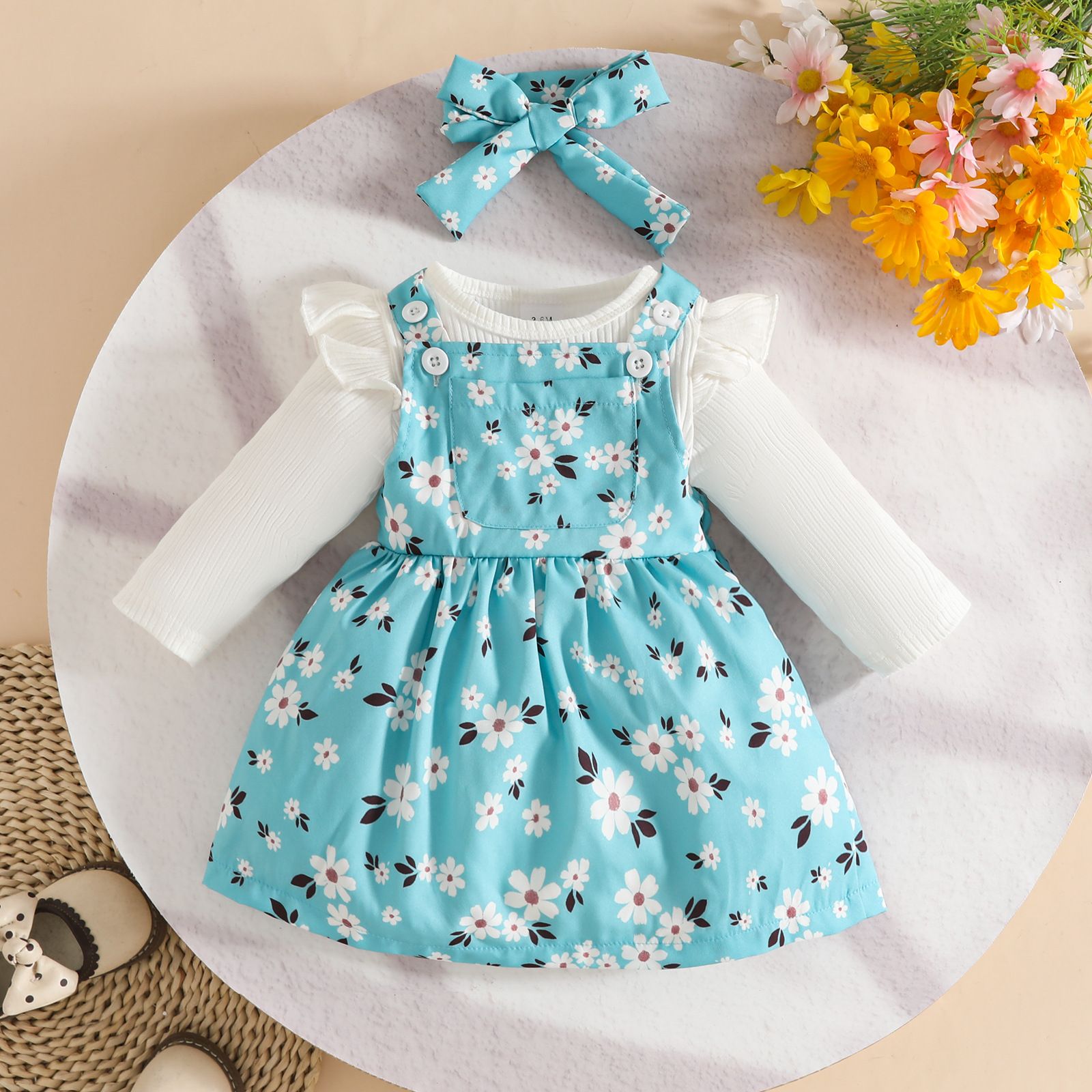 Girls Kids Clothing 3 Piece Set Autumn Winter New Style 0-18 Months Baby Long Sleeved Romper Pinafore Dress Bow Print Love Heart Flower Print Comfortable Breathable Outfit