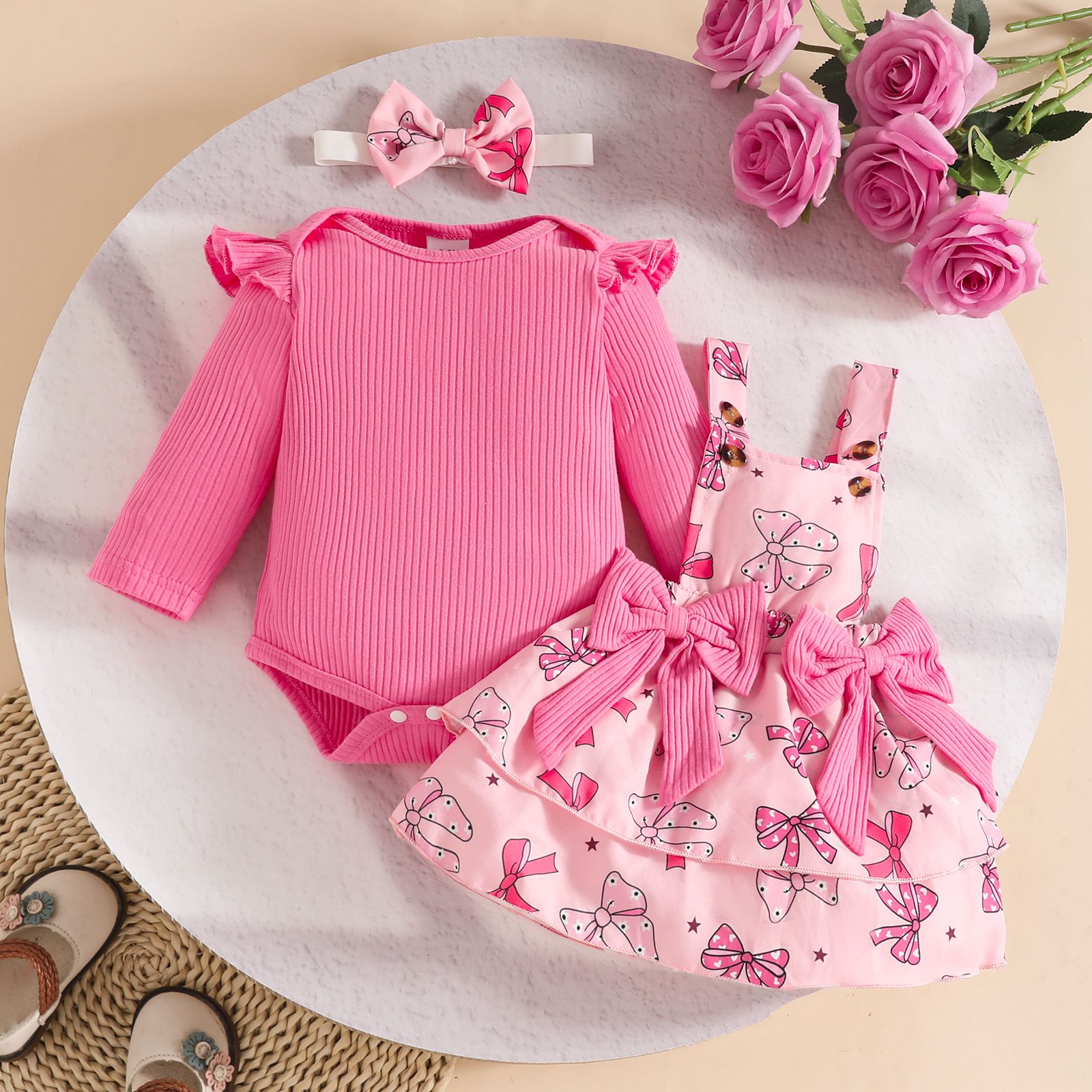 Girls Kids Clothing 3 Piece Set Autumn Winter New Style 0-18 Months Baby Long Sleeved Romper Pinafore Dress Bow Print Love Heart Flower Print Comfortable Breathable Outfit