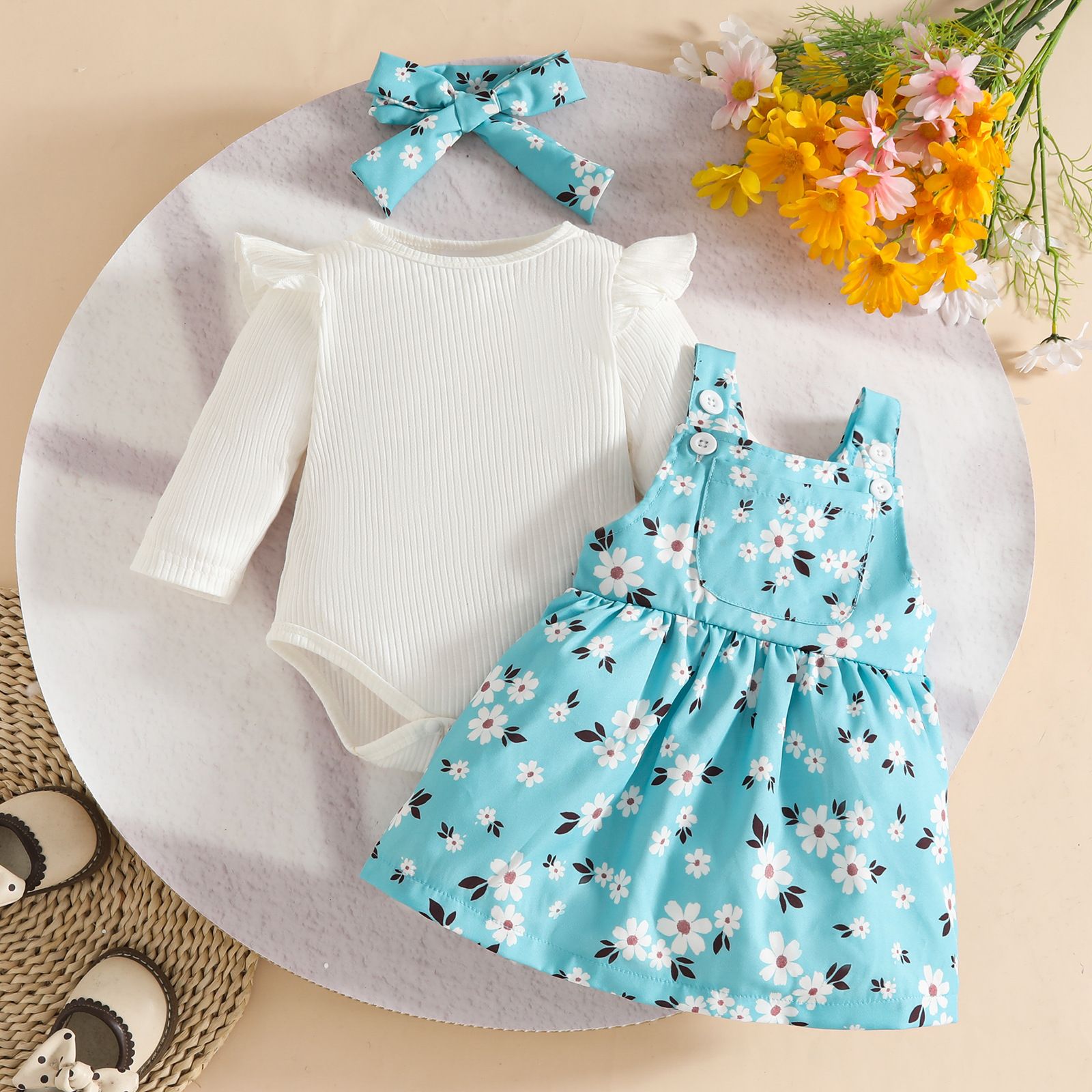 Girls Kids Clothing 3 Piece Set Autumn Winter New Style 0-18 Months Baby Long Sleeved Romper Pinafore Dress Bow Print Love Heart Flower Print Comfortable Breathable Outfit