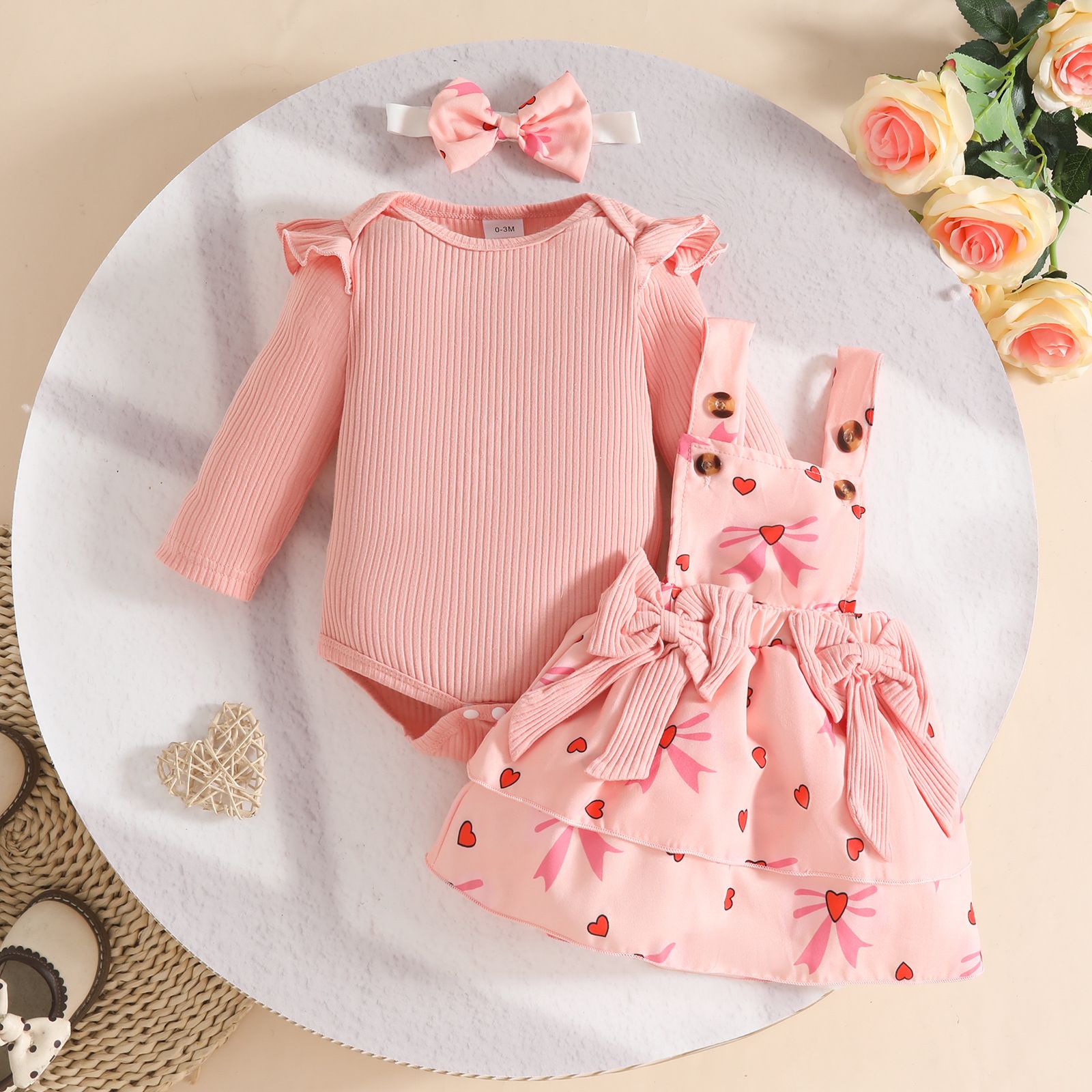Girls Kids Clothing 3 Piece Set Autumn Winter New Style 0-18 Months Baby Long Sleeved Romper Pinafore Dress Bow Print Love Heart Flower Print Comfortable Breathable Outfit