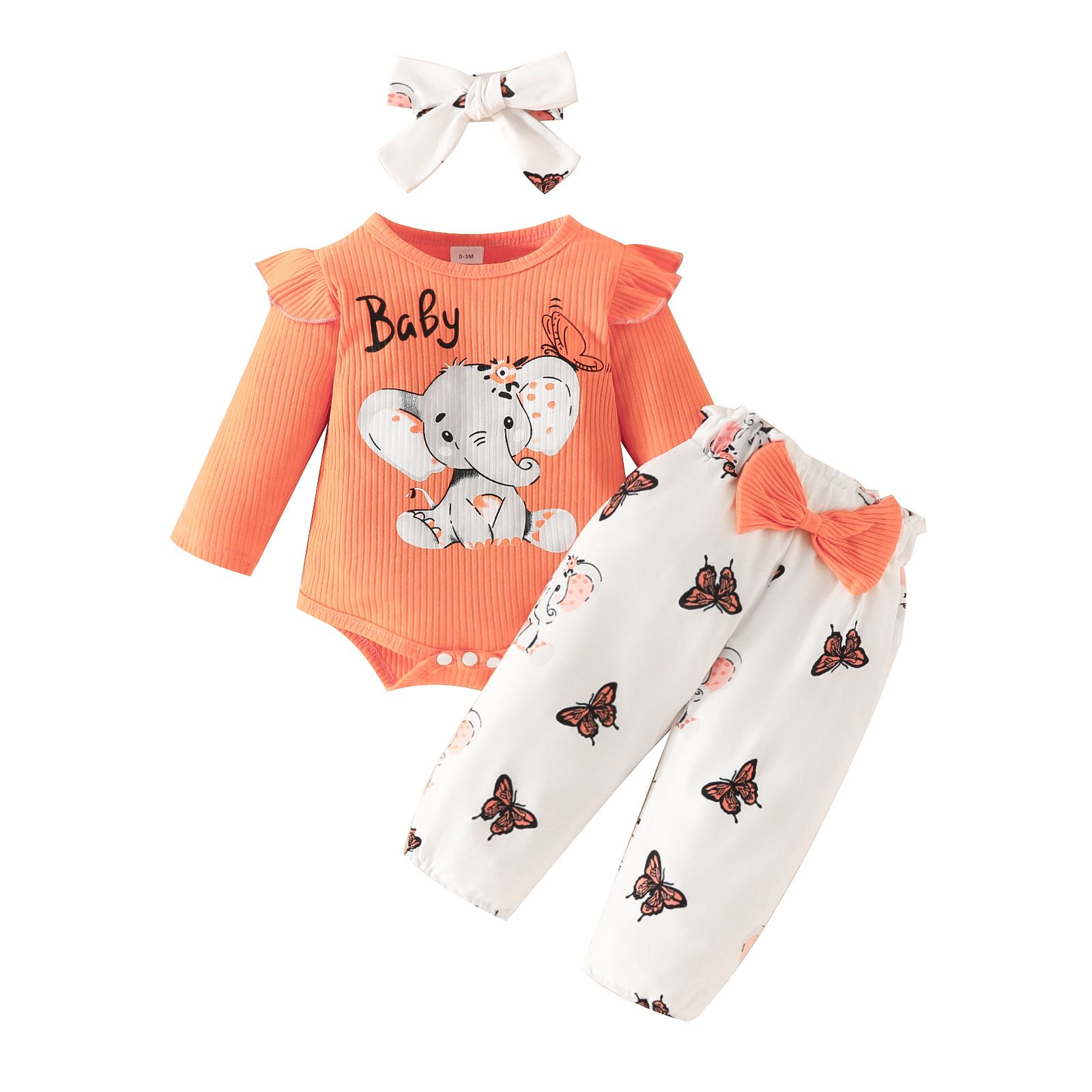 Girls Kids Clothing 3 Piece Set Autumn Winter New Style 0-18 Months Baby Long Sleeved Romper Bow Pants Bow Headband Cute Little Elephant Print Comfortable Breathable Outfit