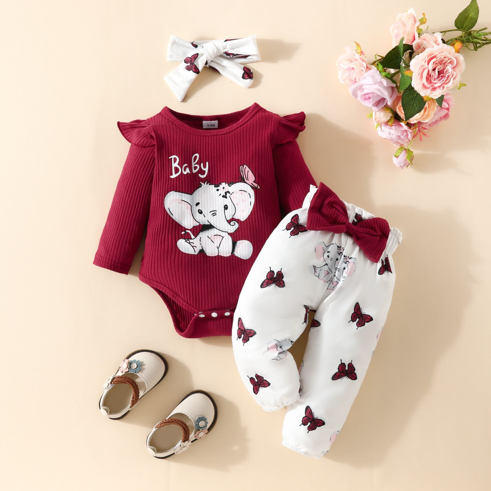 Girls Kids Clothing 3 Piece Set Autumn Winter New Style 0-18 Months Baby Long Sleeved Romper Bow Pants Bow Headband Cute Little Elephant Print Comfortable Breathable Outfit