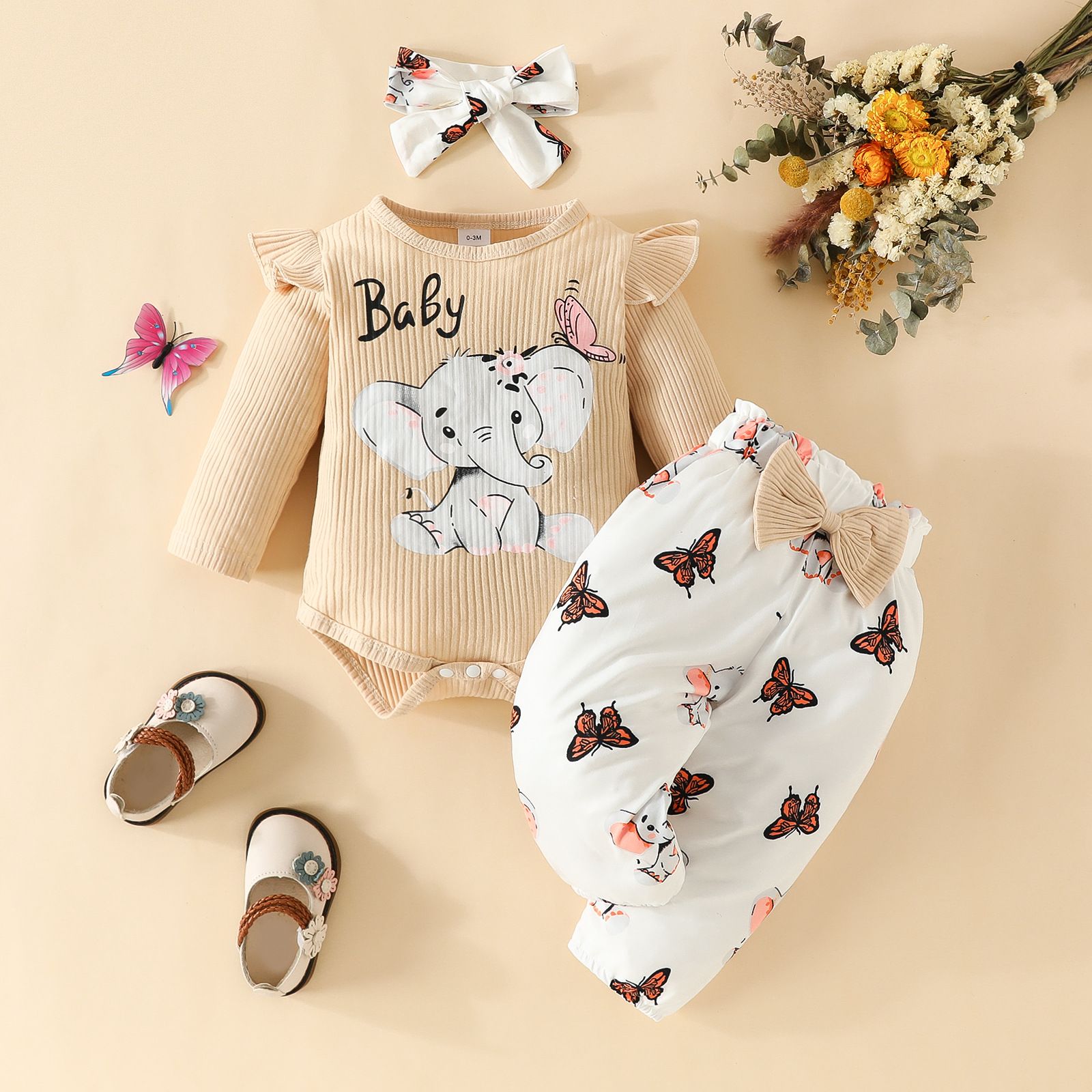 Girls Kids Clothing 3 Piece Set Autumn Winter New Style 0-18 Months Baby Long Sleeved Romper Bow Pants Bow Headband Cute Little Elephant Print Comfortable Breathable Outfit