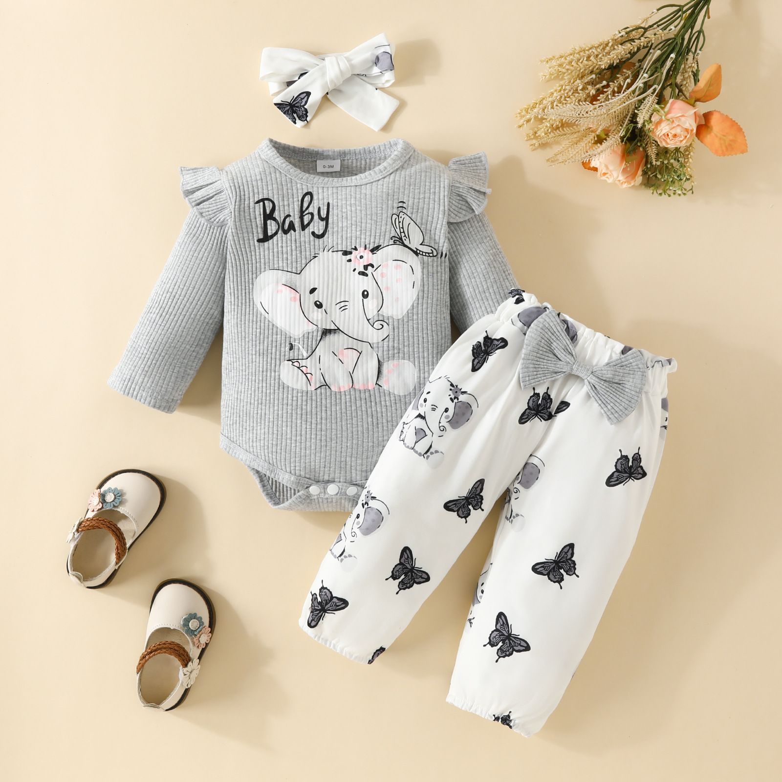 Girls Kids Clothing 3 Piece Set Autumn Winter New Style 0-18 Months Baby Long Sleeved Romper Bow Pants Bow Headband Cute Little Elephant Print Comfortable Breathable Outfit
