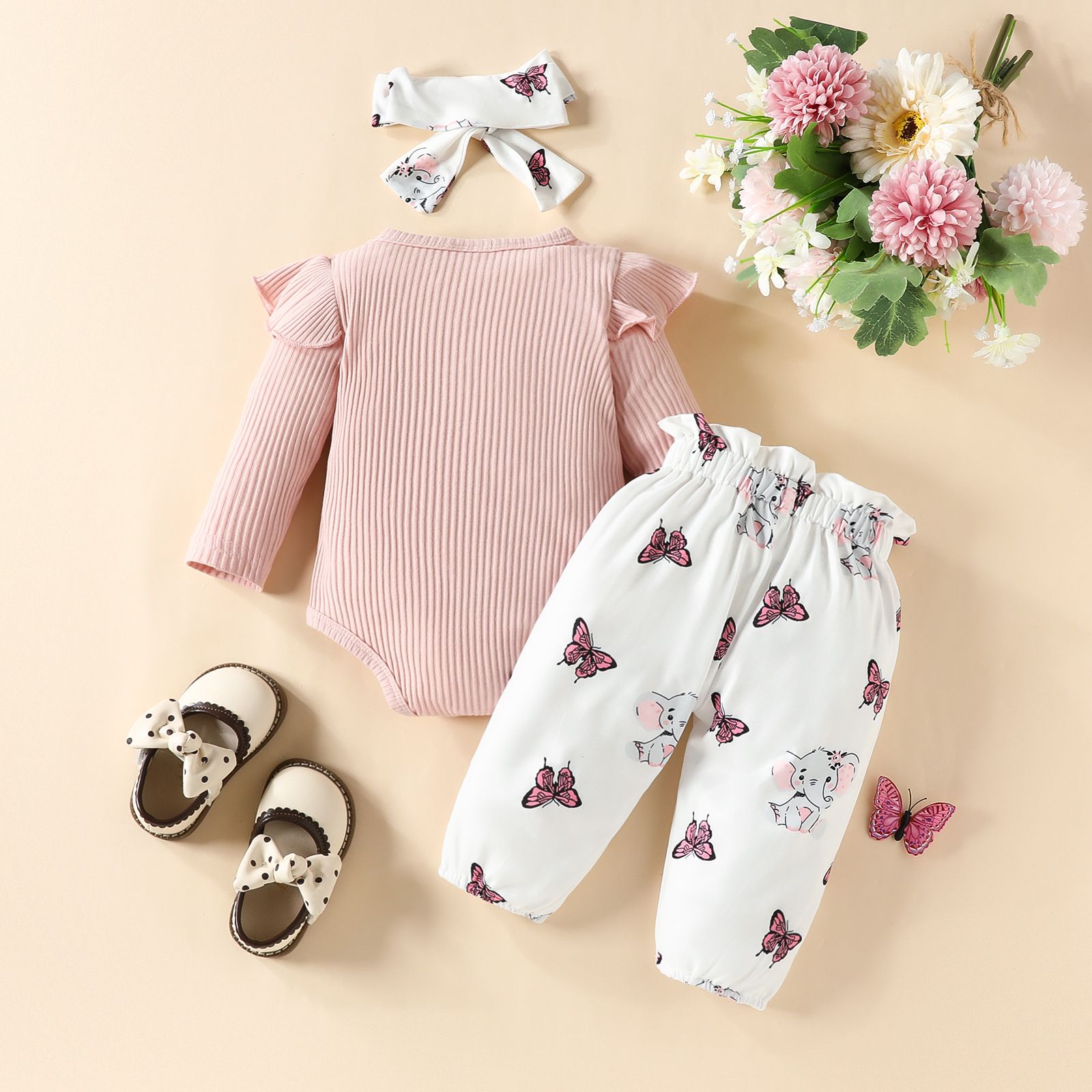Girls Kids Clothing 3 Piece Set Autumn Winter New Style 0-18 Months Baby Long Sleeved Romper Bow Pants Bow Headband Cute Little Elephant Print Comfortable Breathable Outfit