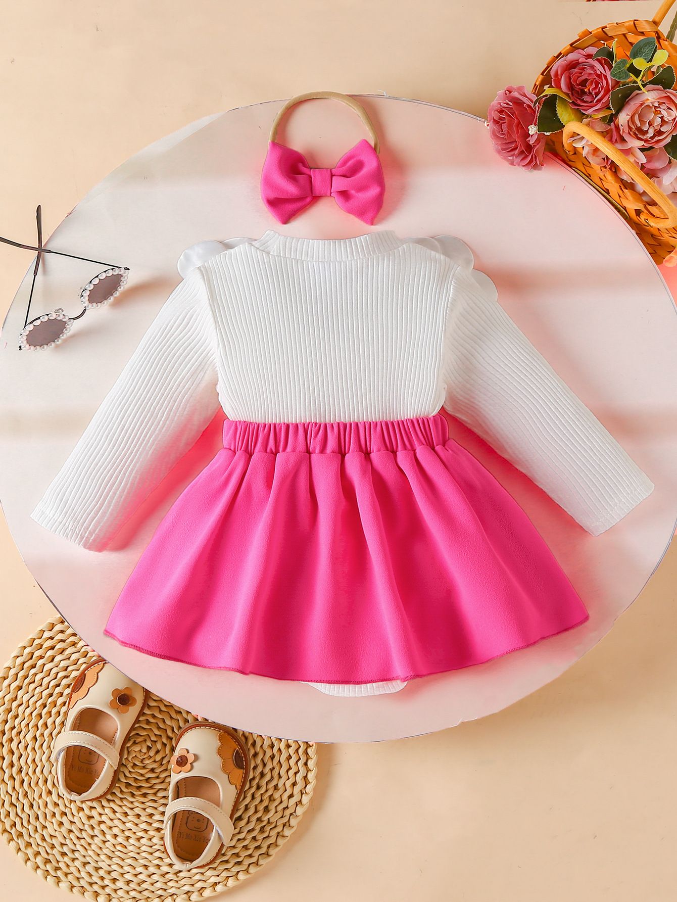 Girls Kids Clothing 2 Piece Set Autumn Winter New Style Baby Round Neck Long Sleeved Romper Dress Flower Decoration Bow Headband Outfit