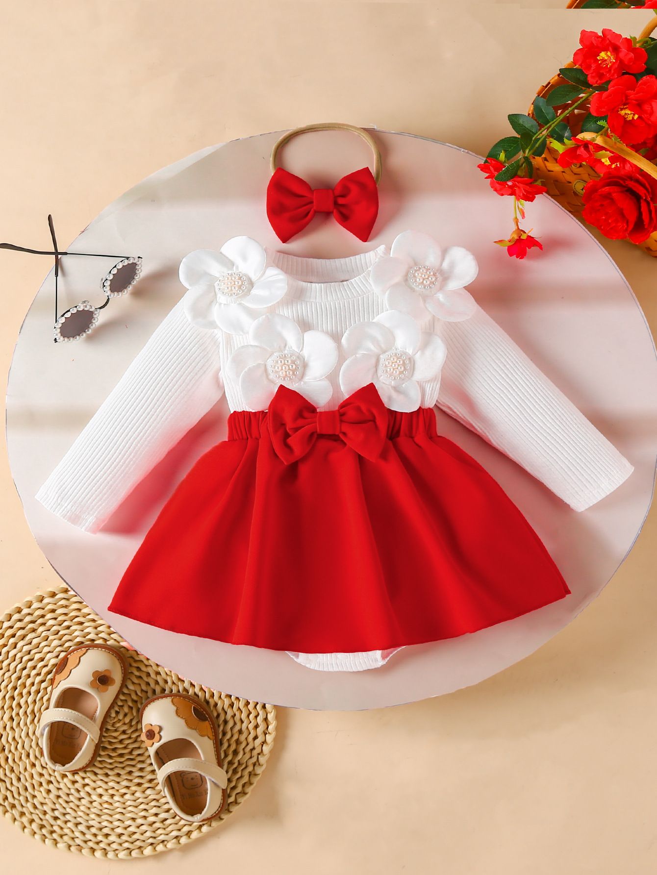 Girls Kids Clothing 2 Piece Set Autumn Winter New Style Baby Round Neck Long Sleeved Romper Dress Flower Decoration Bow Headband Outfit
