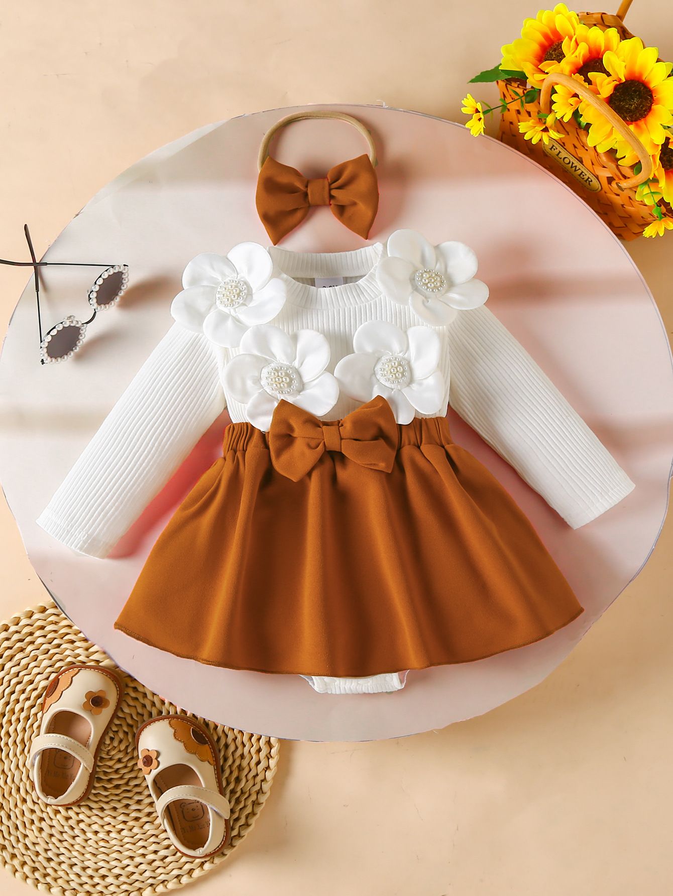 Girls Kids Clothing 2 Piece Set Autumn Winter New Style Baby Round Neck Long Sleeved Romper Dress Flower Decoration Bow Headband Outfit