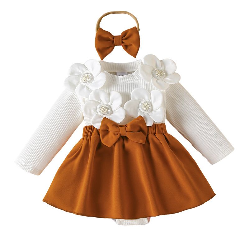 Girls Kids Clothing 2 Piece Set Autumn Winter New Style Baby Round Neck Long Sleeved Romper Dress Flower Decoration Bow Headband Outfit
