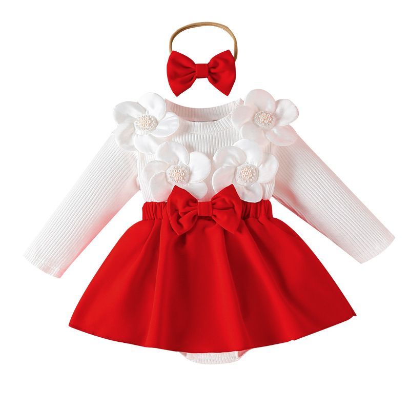 Girls Kids Clothing 2 Piece Set Autumn Winter New Style Baby Round Neck Long Sleeved Romper Dress Flower Decoration Bow Headband Outfit