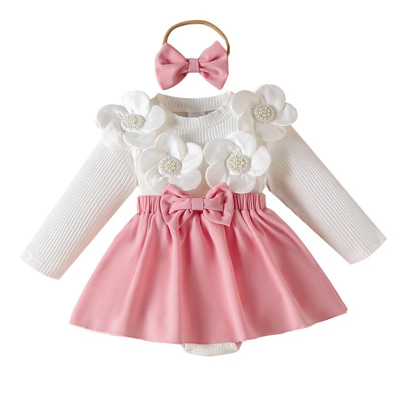 Girls Kids Clothing 2 Piece Set Autumn Winter New Style Baby Round Neck Long Sleeved Romper Dress Flower Decoration Bow Headband Outfit