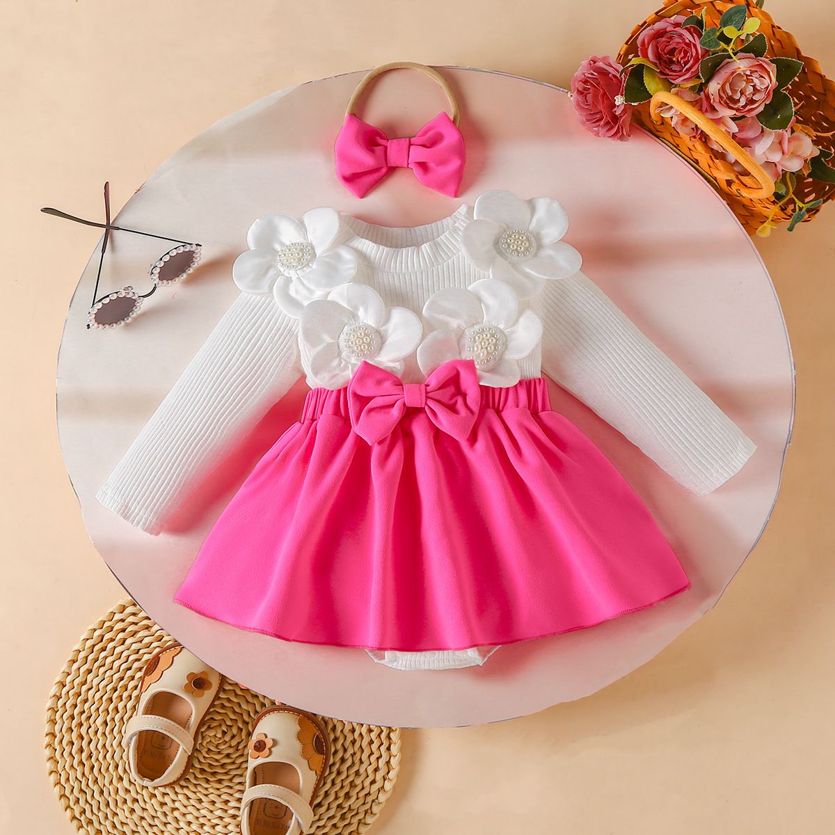 Girls Kids Clothing 2 Piece Set Autumn Winter New Style Baby Round Neck Long Sleeved Romper Dress Flower Decoration Bow Headband Outfit