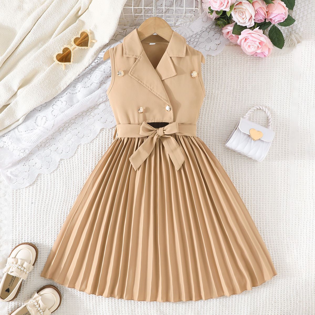 Girls Kids Clothing 2 Piece Set Fashion New Style Suit Collar Sleeveless Dress Pleated Maxi Skirt Bow Belt High End Design Elegant Temperament Outfit