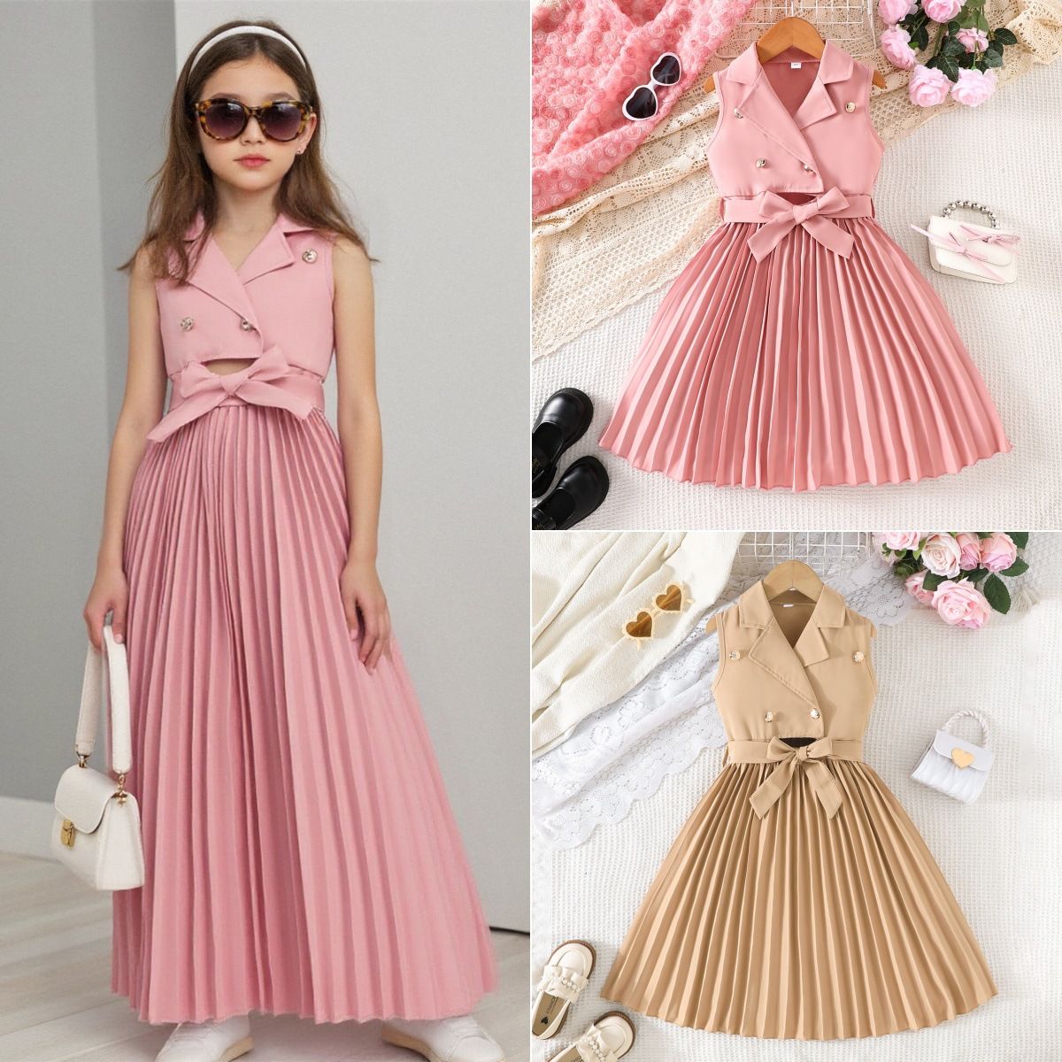 Girls Kids Clothing 2 Piece Set Fashion New Style Suit Collar Sleeveless Dress Pleated Maxi Skirt Bow Belt High End Design Elegant Temperament Outfit