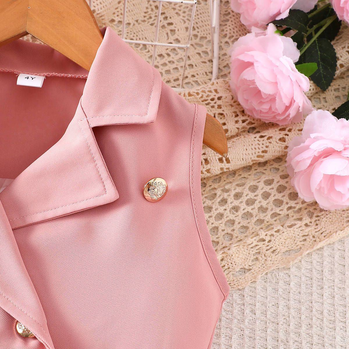 Girls Kids Clothing 2 Piece Set Fashion New Style Suit Collar Sleeveless Dress Pleated Maxi Skirt Bow Belt High End Design Elegant Temperament Outfit