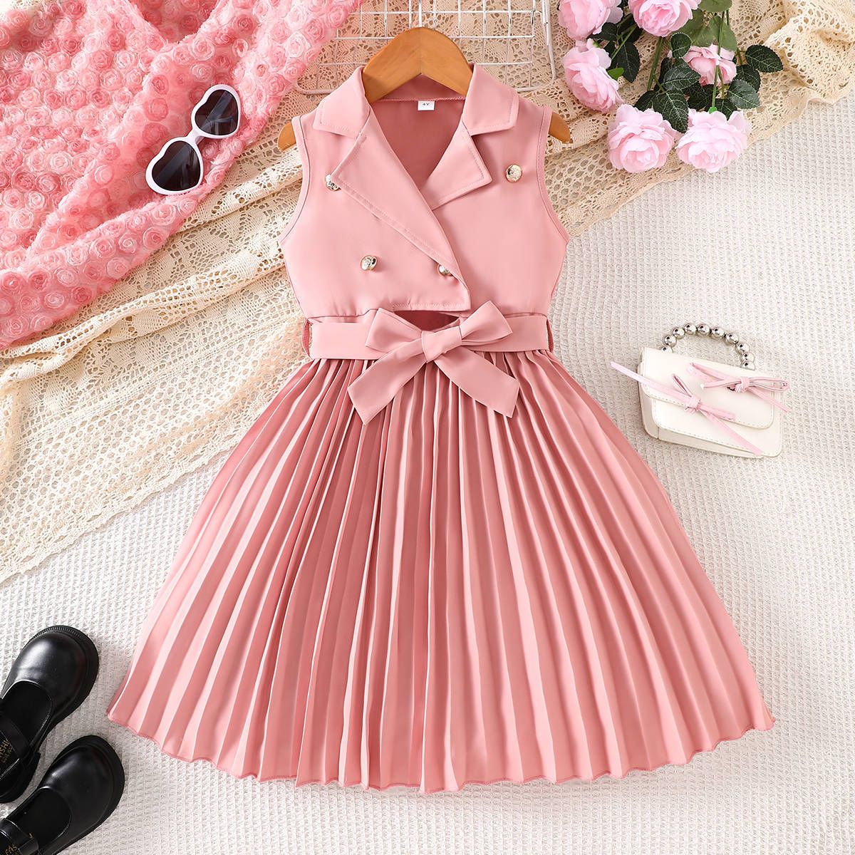 Girls Kids Clothing 2 Piece Set Fashion New Style Suit Collar Sleeveless Dress Pleated Maxi Skirt Bow Belt High End Design Elegant Temperament Outfit