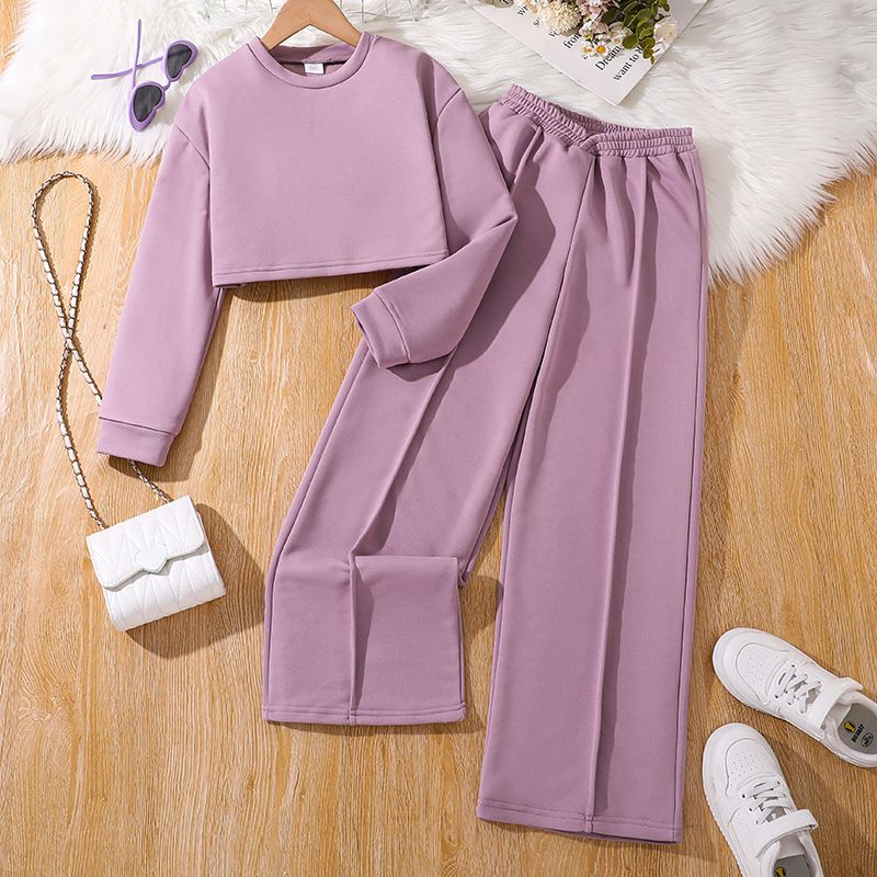 Girls Sweatshirt Outfit Set 8–12 Years Long Sleeve Crop Top + Wide Leg Long Pants Kids Casual Tracksuit Big Girl Fashion Two Piece Clothing Set Girls Clothes Clothing Sets