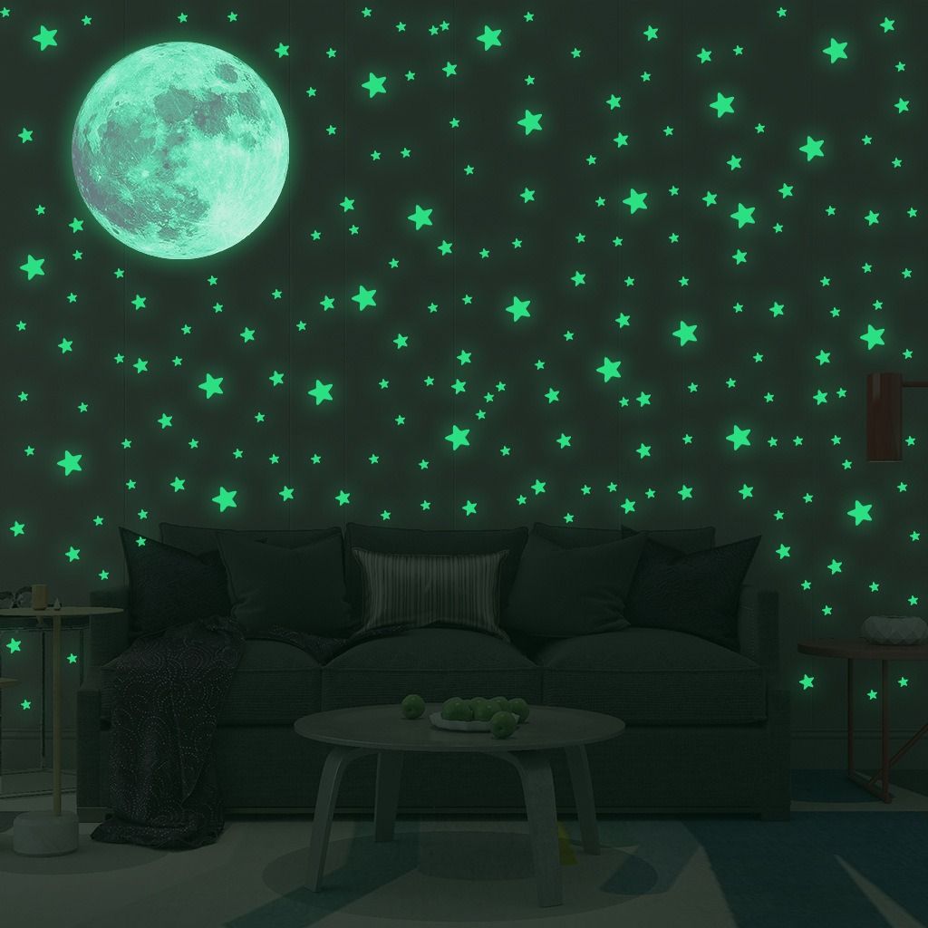333pcs Green Glow in the Dark Stars and Moon Wall Stickers Luminous Moon Decals for Kids Bedroom Nursery Self-Adhesive Ceiling Wall Decor Glowing Stars Stickers