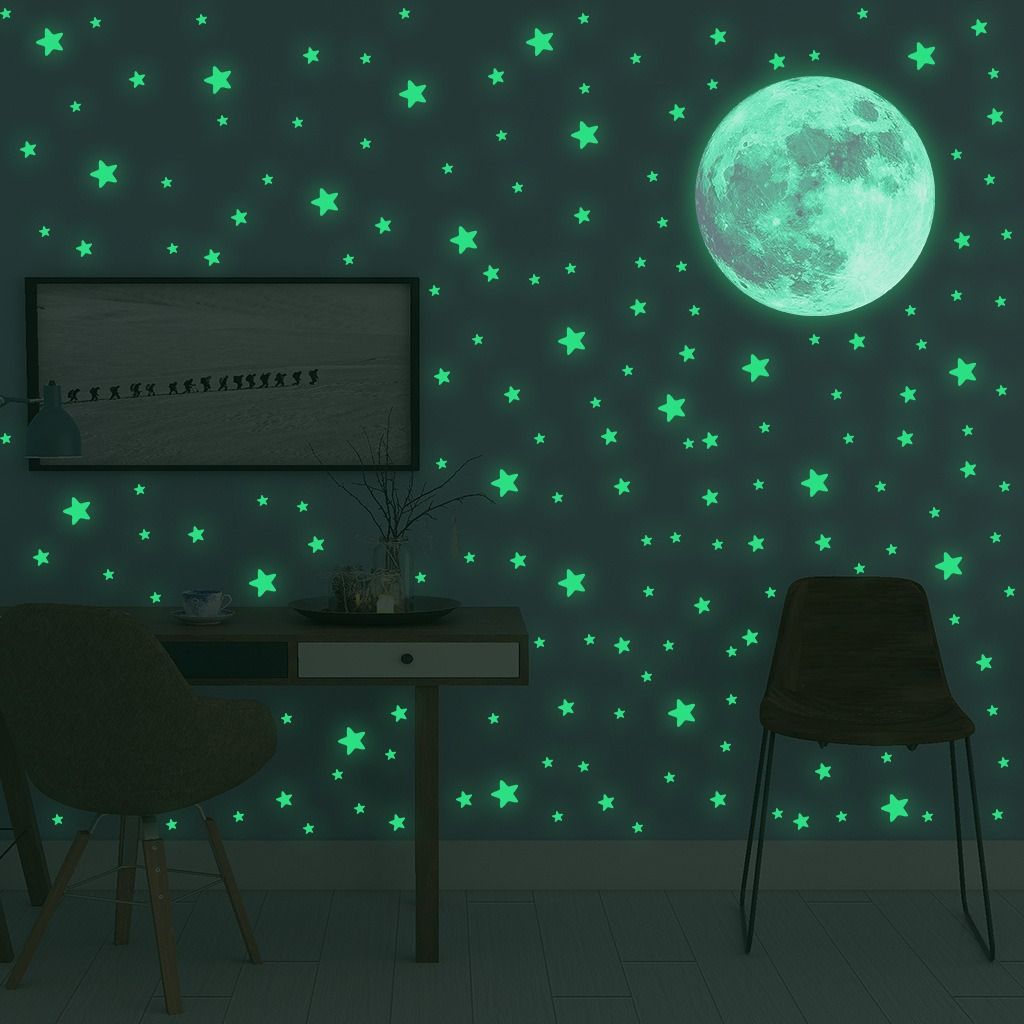 333pcs Green Glow in the Dark Stars and Moon Wall Stickers Luminous Moon Decals for Kids Bedroom Nursery Self-Adhesive Ceiling Wall Decor Glowing Stars Stickers