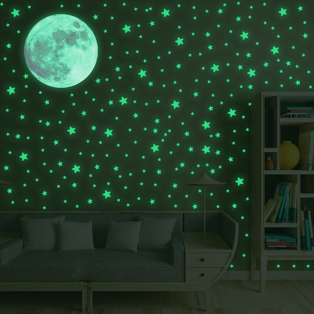 333pcs Green Glow in the Dark Stars and Moon Wall Stickers Luminous Moon Decals for Kids Bedroom Nursery Self-Adhesive Ceiling Wall Decor Glowing Stars Stickers
