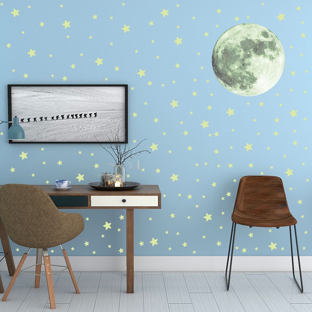 333pcs Green Glow in the Dark Stars and Moon Wall Stickers Luminous Moon Decals for Kids Bedroom Nursery Self-Adhesive Ceiling Wall Decor Glowing Stars Stickers
