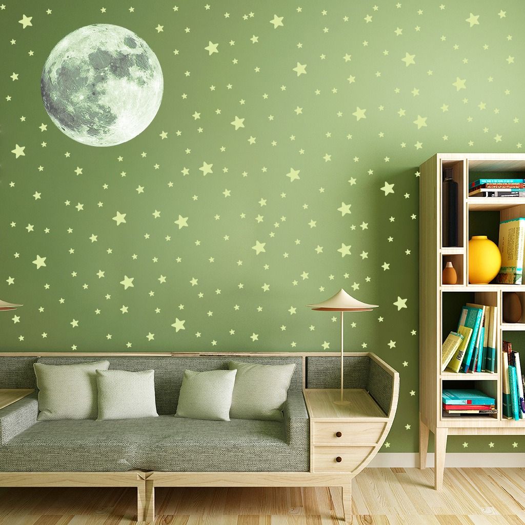 333pcs Green Glow in the Dark Stars and Moon Wall Stickers Luminous Moon Decals for Kids Bedroom Nursery Self-Adhesive Ceiling Wall Decor Glowing Stars Stickers