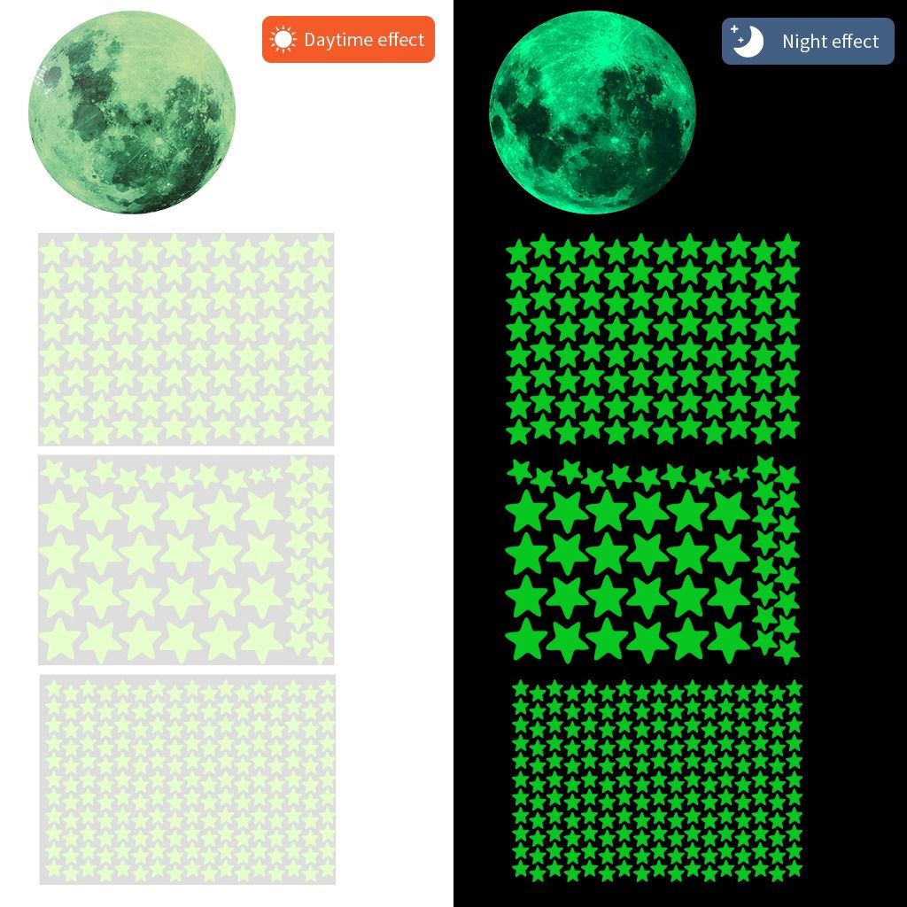 333pcs Green Glow in the Dark Stars and Moon Wall Stickers Luminous Moon Decals for Kids Bedroom Nursery Self-Adhesive Ceiling Wall Decor Glowing Stars Stickers