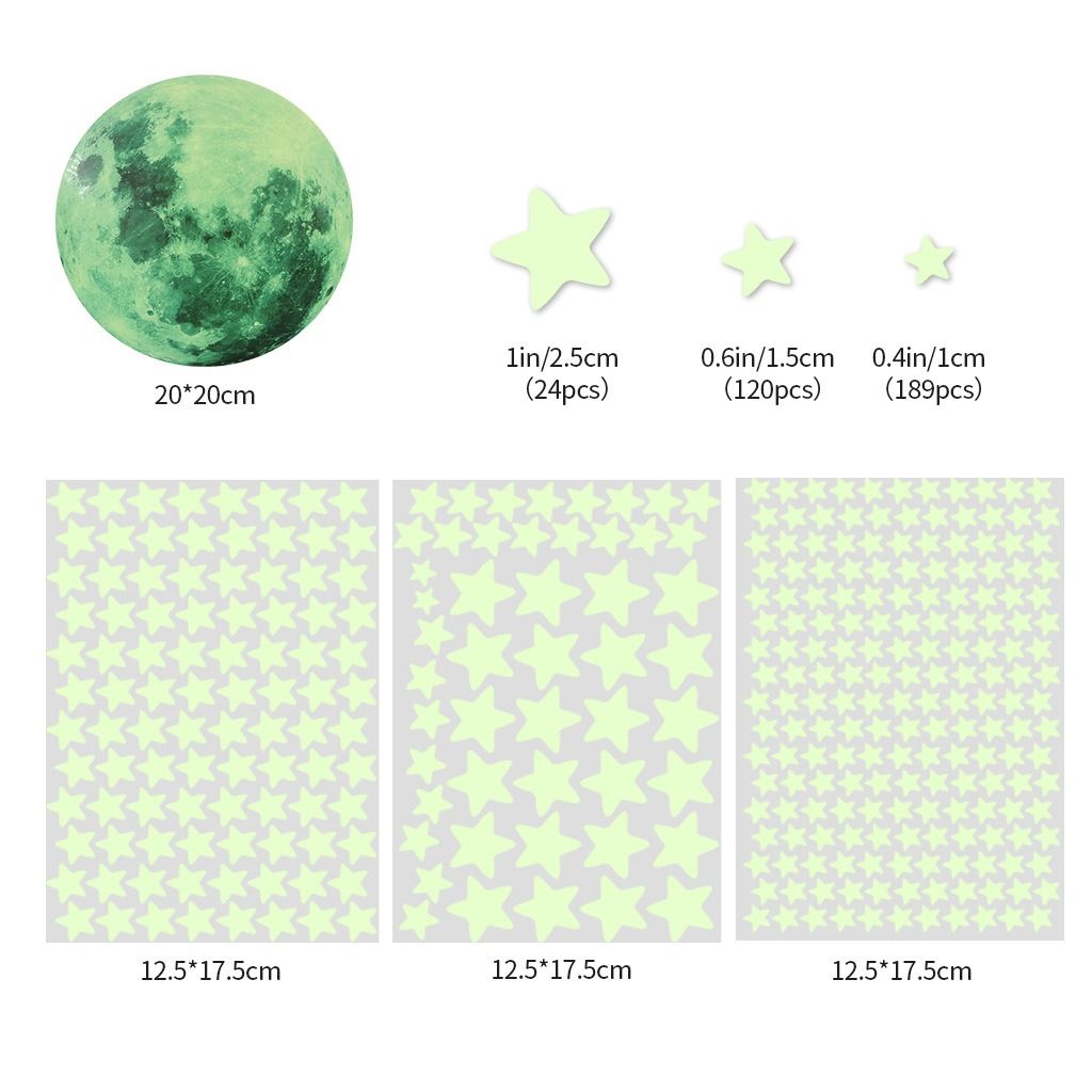 333pcs Green Glow in the Dark Stars and Moon Wall Stickers Luminous Moon Decals for Kids Bedroom Nursery Self-Adhesive Ceiling Wall Decor Glowing Stars Stickers