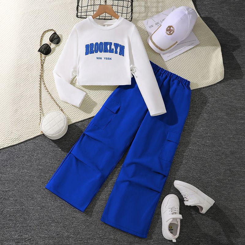 Girls' Spring Outfit Set New Arrival Letter Print Long-Sleeve Hoodie with Straight-Leg Cargo Pants Stylish Matching Set Clothing Set for Kids 8-12 Years Old