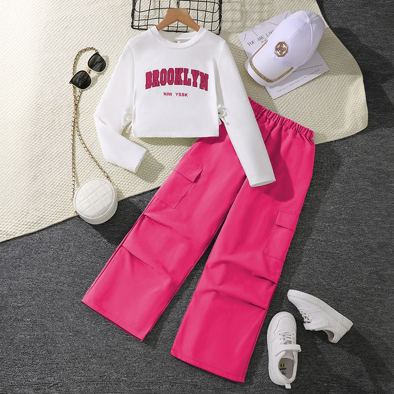 Girls' Spring Outfit Set New Arrival Letter Print Long-Sleeve Hoodie with Straight-Leg Cargo Pants Stylish Matching Set Clothing Set for Kids 8-12 Years Old