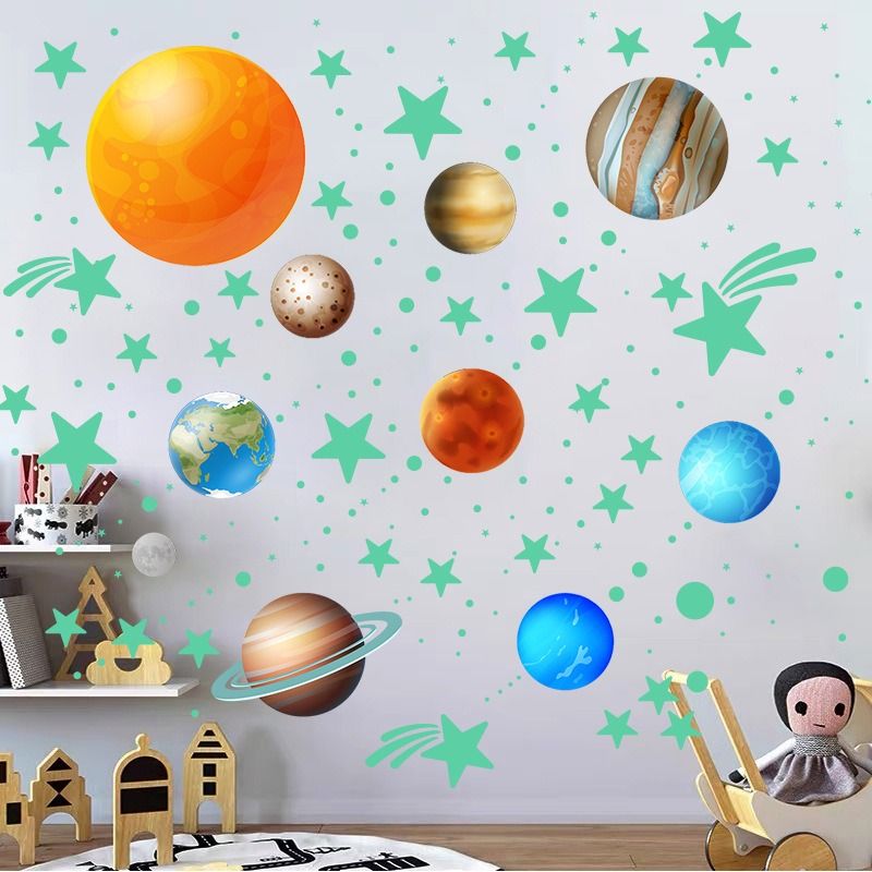 444Pcs ome Decor Stickers 9 Planets Glow in the Dark Wall Stickers, Luminous Dots & Stars Fluorescent Decals for Kids Room, Bedroom Ceiling Home Wall Decoration Glowing Wall Stickers