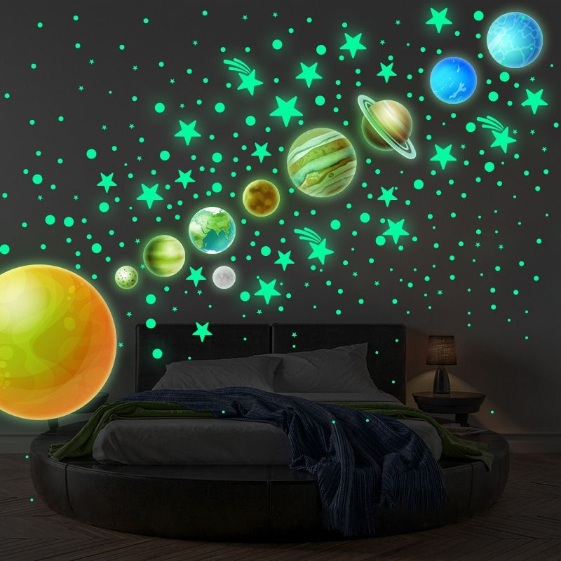 444Pcs ome Decor Stickers 9 Planets Glow in the Dark Wall Stickers, Luminous Dots & Stars Fluorescent Decals for Kids Room, Bedroom Ceiling Home Wall Decoration Glowing Wall Stickers