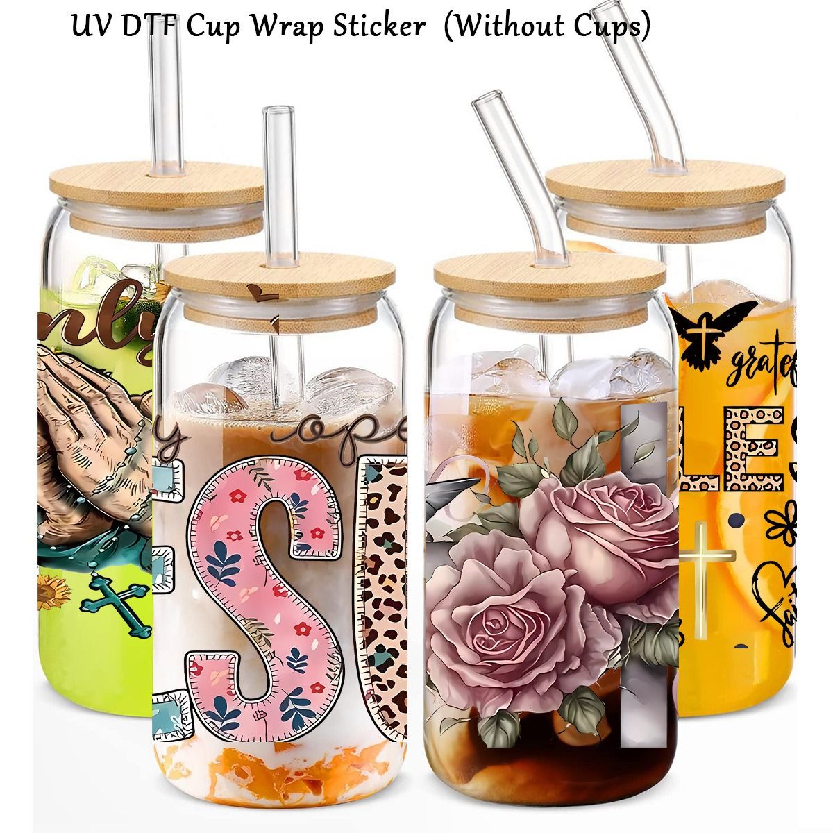 2Pcs Stickers for 16oz Glass Cup UV Transfer Crystal Stickers Waterproof Scratch-Resistant Decorative Crystal Stickers for Tumblers & DIY Glassware Watter Bottles Decoration PVC Stickers