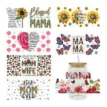 Gift for Mothers Stickers for 16oz Glass Cup UV Transfer Crystal Stickers Waterproof Scratch-Resistant Decorative Crystal Stickers for Tumblers & DIY Glassware Watter Bottles Decoration PVC Stickers
