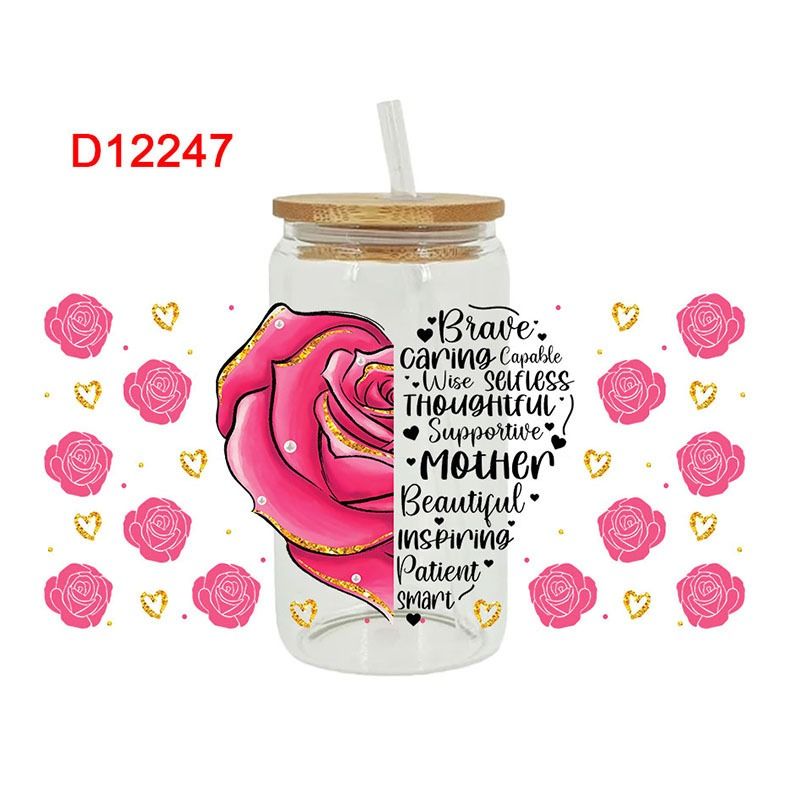 Gift for Mothers Stickers for 16oz Glass Cup UV Transfer Crystal Stickers Waterproof Scratch-Resistant Decorative Crystal Stickers for Tumblers & DIY Glassware Watter Bottles Decoration PVC Stickers