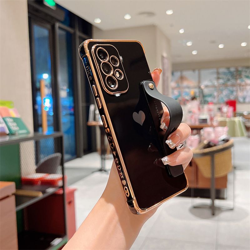 Samsung Galaxy A56 Phone Case A16 Cover Heart Electroplated Edge Phone Case with Wrist Strap Stand for Samsung S22 Full Cover Protective Case for A12/M12/F12 A13/A15 Galaxy S20 FE