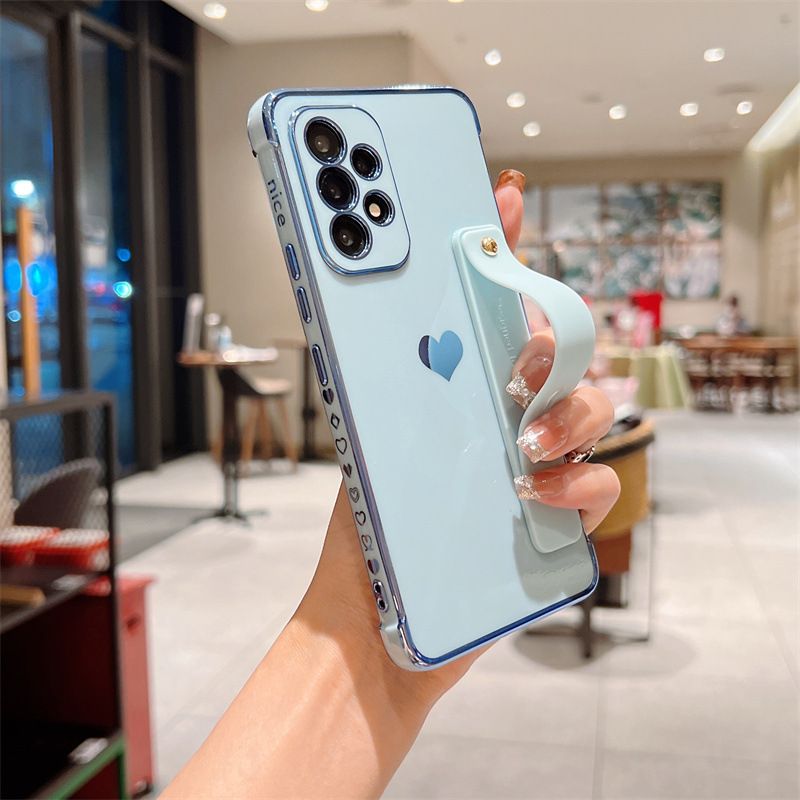 Samsung Galaxy A56 Phone Case A16 Cover Heart Electroplated Edge Phone Case with Wrist Strap Stand for Samsung S22 Full Cover Protective Case for A12/M12/F12 A13/A15 Galaxy S20 FE